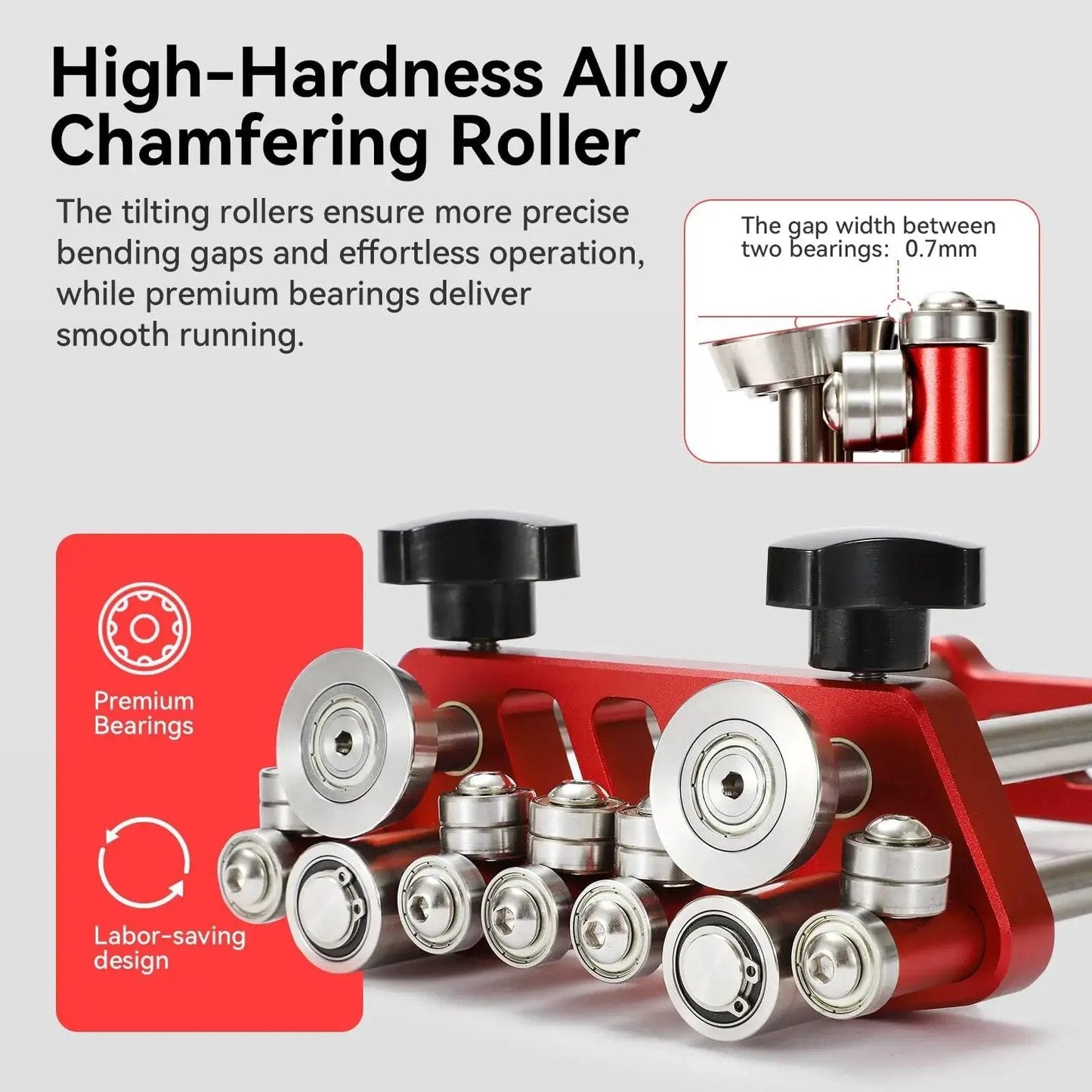 Red handheld sheet metal roller and bender with high-hardness alloy, showcasing premium bearings and chamfering roller