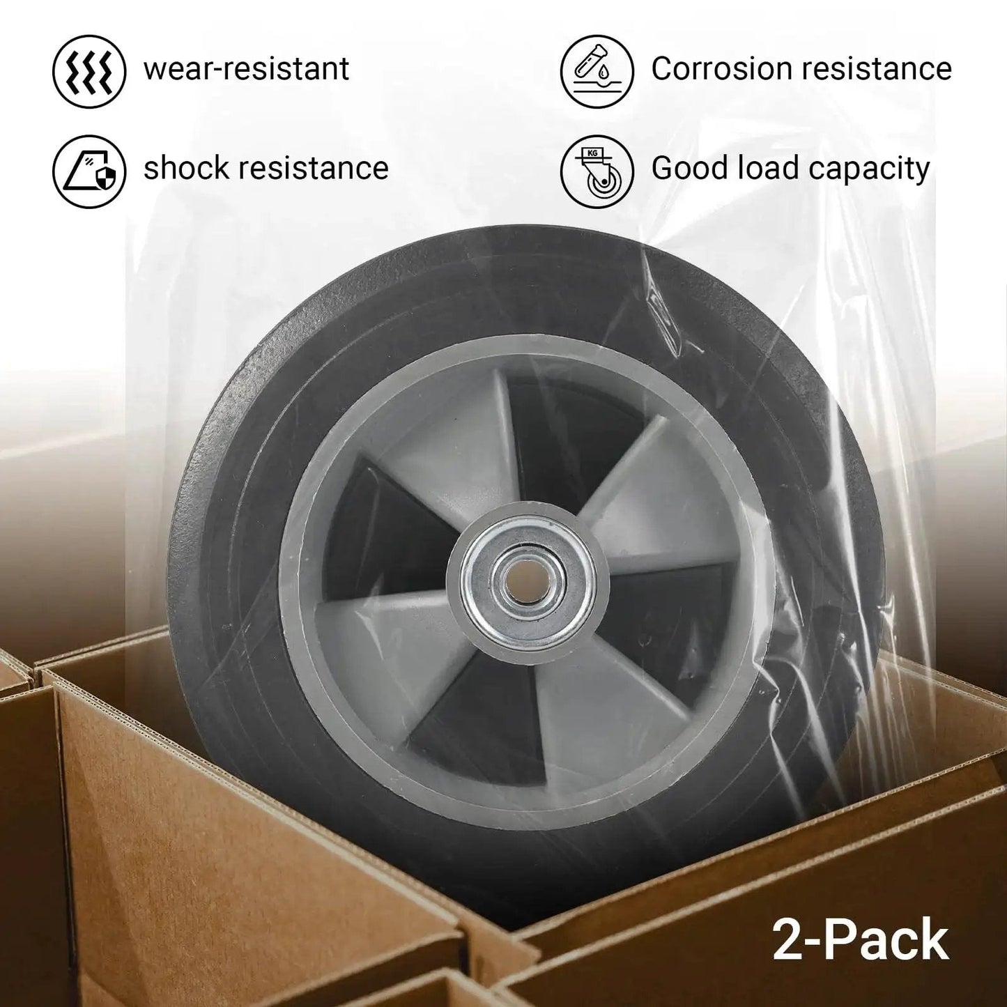 Two Pack 8 Inch Flat Free Solid Rubber Wheel And Tire Assemblies boxed, showing one wheel wrapped in plastic highlighting wear and shock resistance.