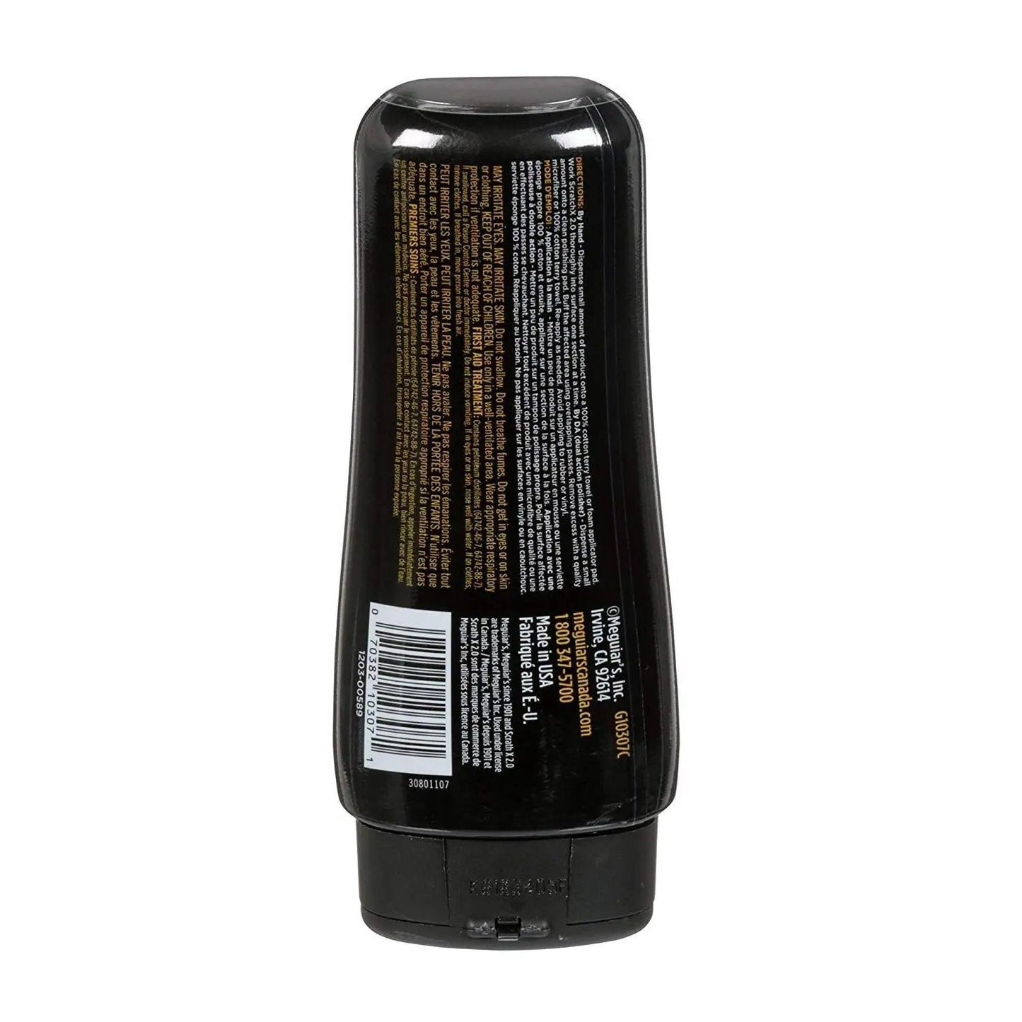 Back view of Meguiars Scratch Remover For Car Paint That Eliminates Light Scratches And Swirls, Restores Clarity And High Gloss, Micro Abrasive Tech For Quick Fix Meguiars ScratchX 2.0 G10307C bottle.