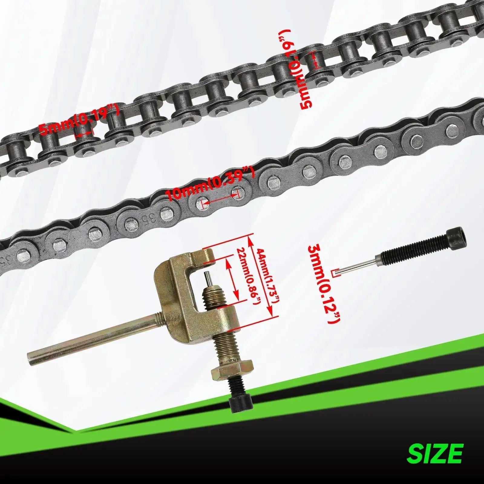 35 Chain 140 Links Chain Breaker Kit For Mini Bikes And Go Karts Compatible With Coleman CT100U CC100X Baja DB30 Motovox MBX10 MBX11 Monster Mega Moto Predator 212cc 105cc 100cc 97cc Engines By XIKOBY, showing chain and tool dimensions.
