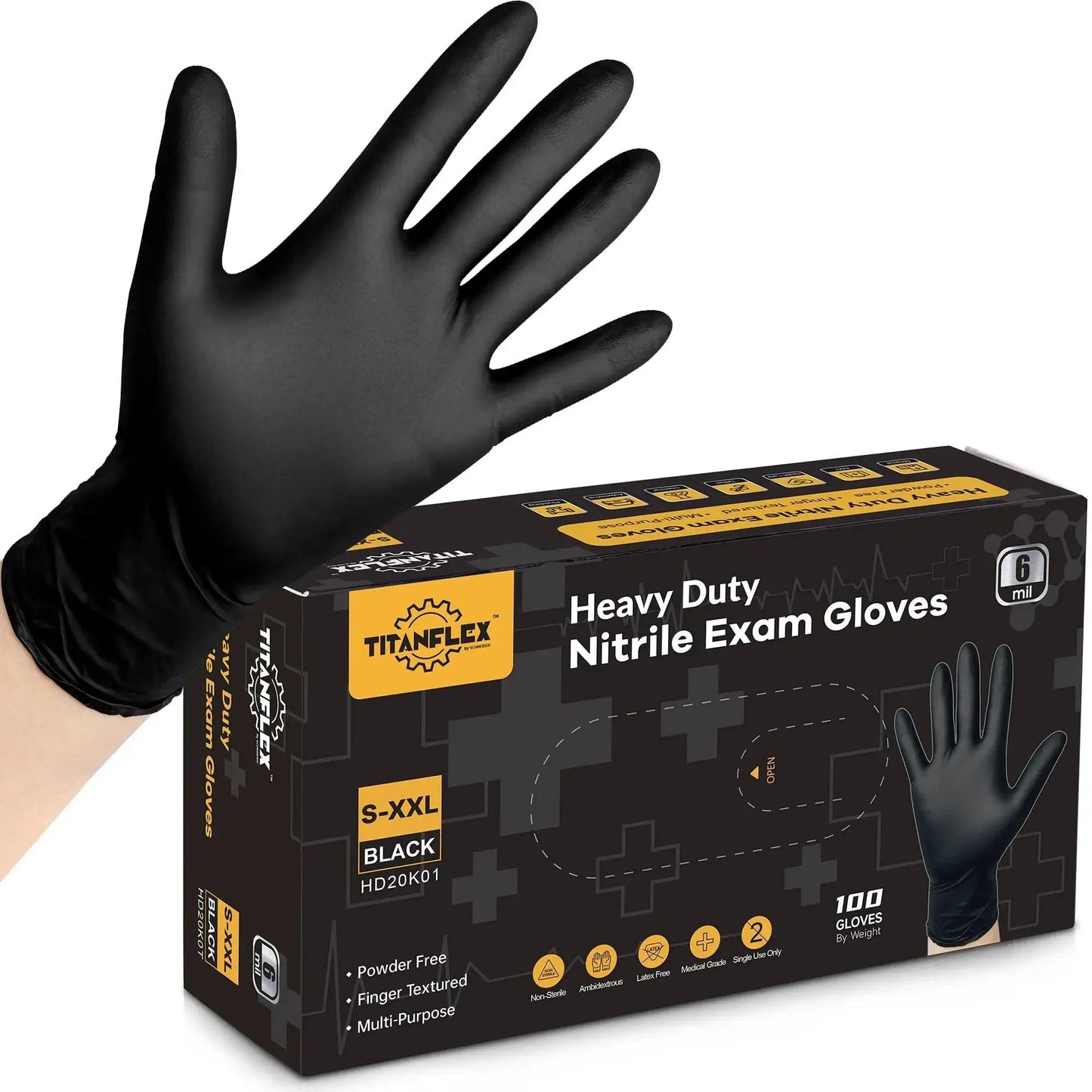 Heavy Duty Nitrile Exam Gloves 6 Mil Black XL 100 Count Latex Free For Food Prep, glove displayed with packaging