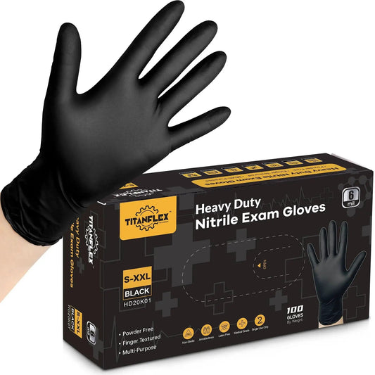 Heavy Duty Nitrile Exam Gloves 6 Mil Black XL 100 Count Latex Free For Food Prep, glove displayed with packaging