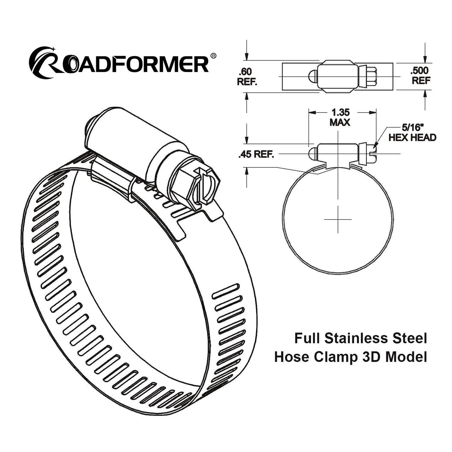 Durable 3.5 Inch Worm Gear Hose Clamp Set in Full Stainless Steel With SAE 56 Size Half Inch Band Width Working Range 78 To 102 Mm 10 Pack diagram