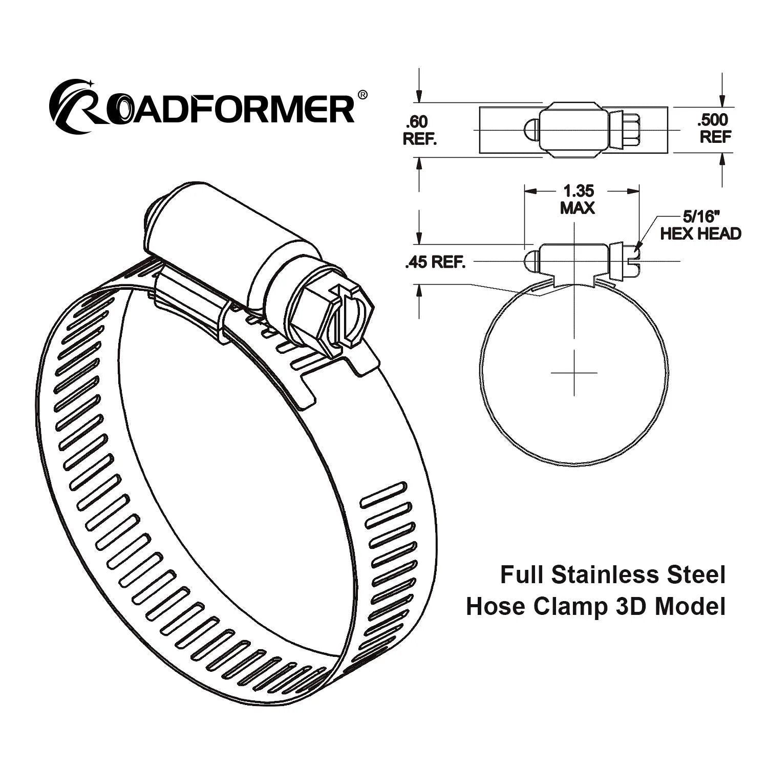 Durable 3.5 Inch Worm Gear Hose Clamp Set in Full Stainless Steel With SAE 56 Size Half Inch Band Width Working Range 78 To 102 Mm 10 Pack diagram