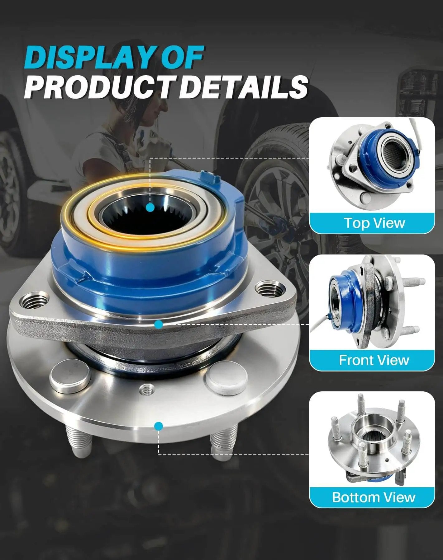 Display of 2-Pack Sealed Front Wheel Hub Bearing Assembly 513121 5-Lug w/ ABS showing top, front, and bottom views