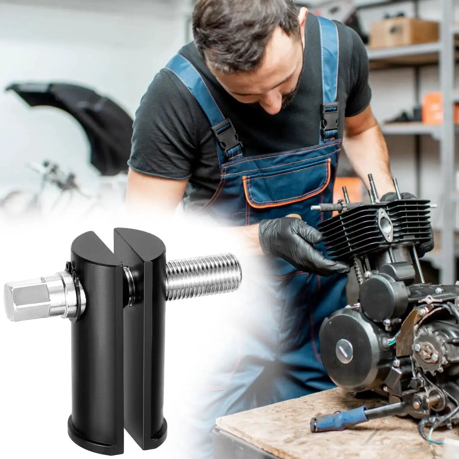 Mechanic using Bearing Removal Tool And Neck Bearing Race Remover For Motorcycle Neck Bearings 1-1/8 To 2-5/8 Inches Inner Diameter