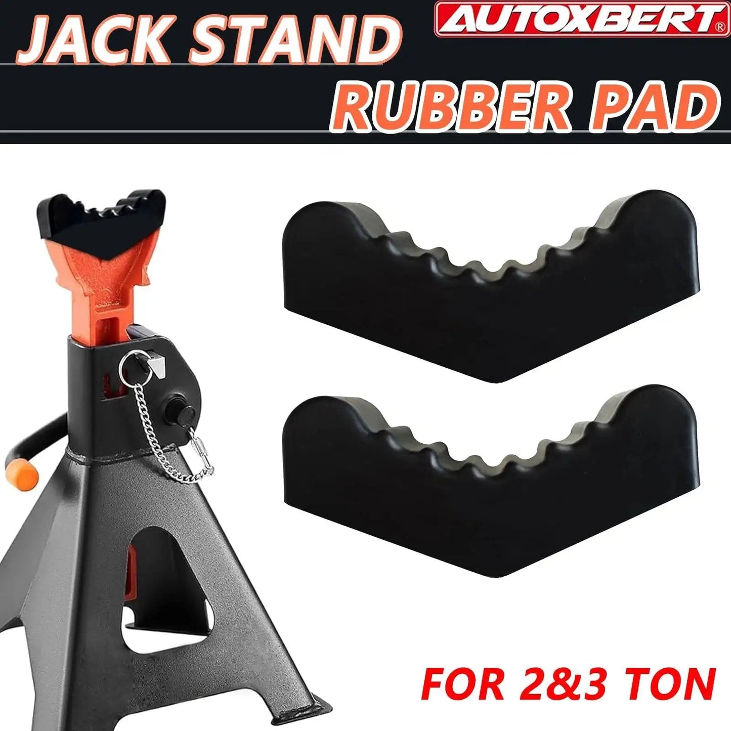 6 Ton Car Jack Stand Rubber Pad For Slotted Lift Floor Adapter And Safety Grip, black heavy-duty rubber pads shown with jack stand