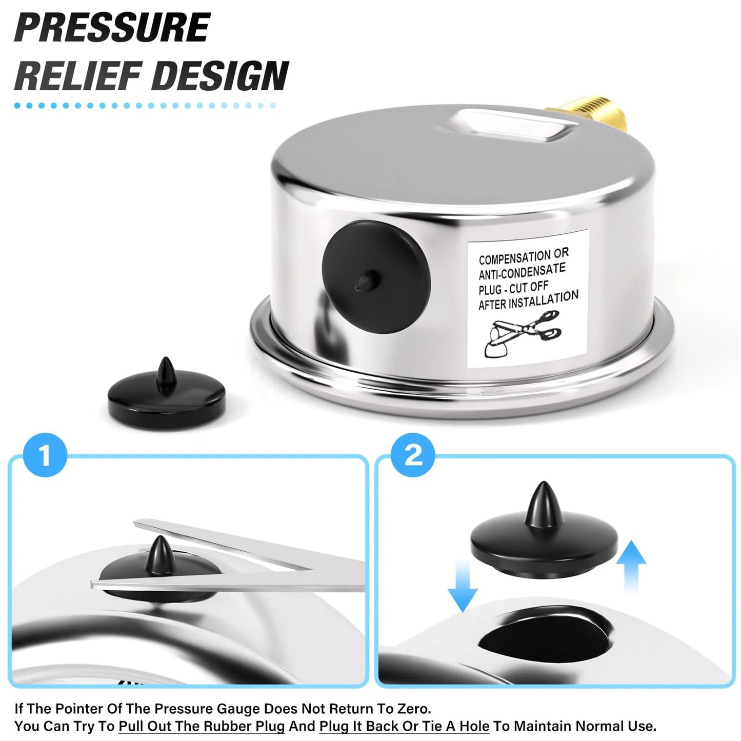 Back and side view of Stainless Steel Liquid Filled Pressure Gauge 0 To 200 Psi One Point Five Inch Dial One Eighth NPT Lower Mount Glycerin Filled demonstrating pressure relief design.