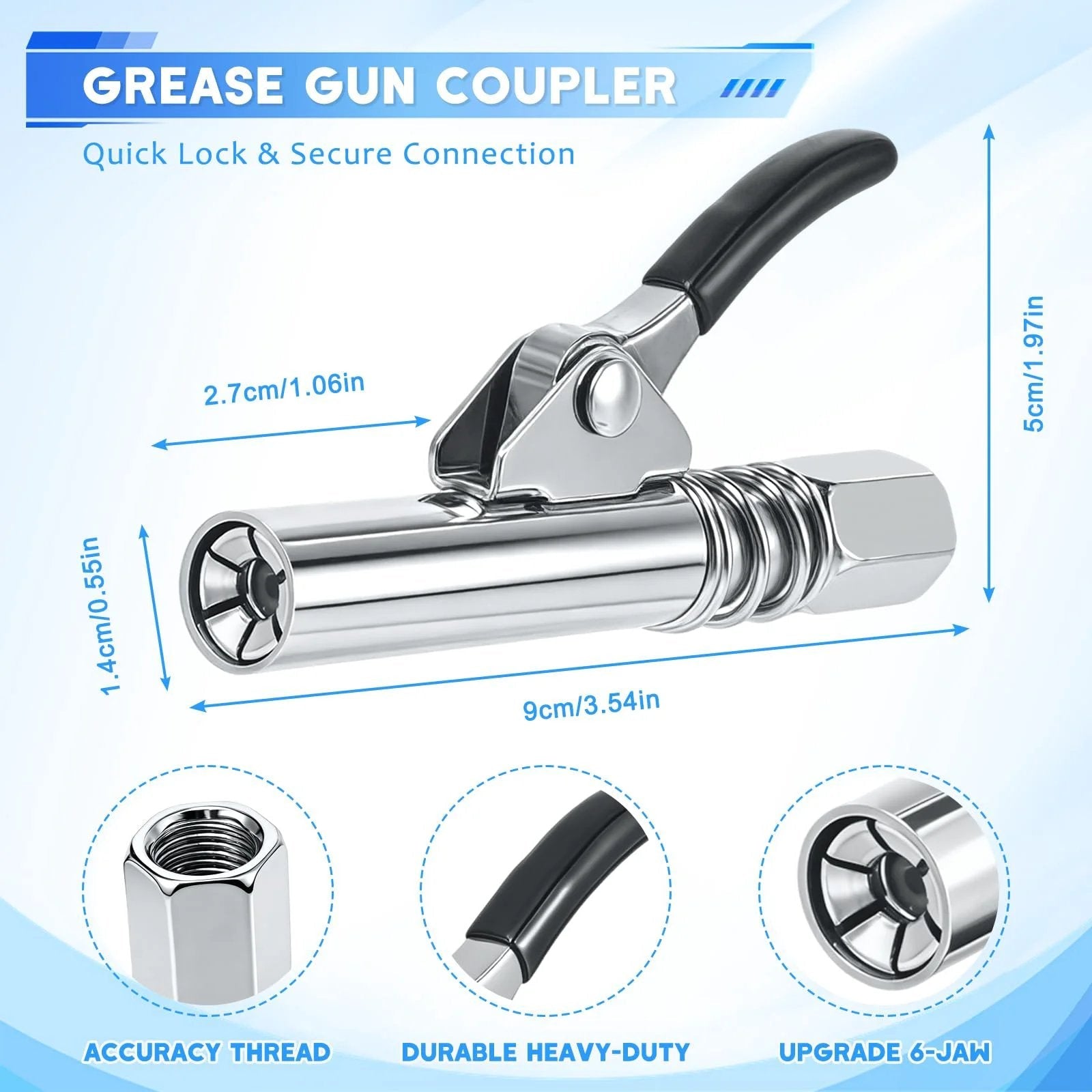 Grease Gun Fittings Accessory Kit Pro Grade With 90 Degree Grease Coupler Adapter and Sleeves detailed dimensions view