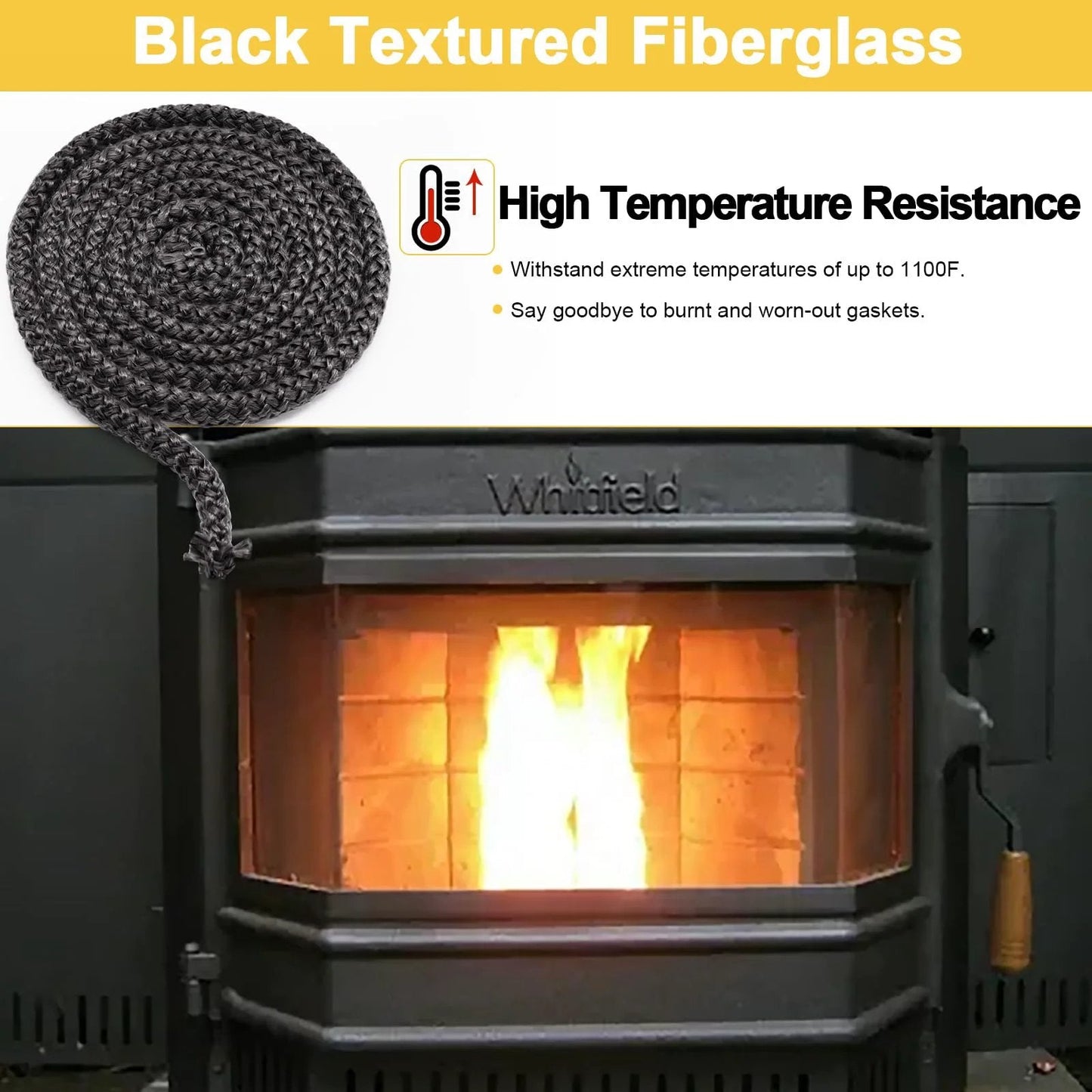 Stove Door Gasket Rope Replacement For Advantage Series Pellet Stoves Whitfield 61057100 shown with stove in background.