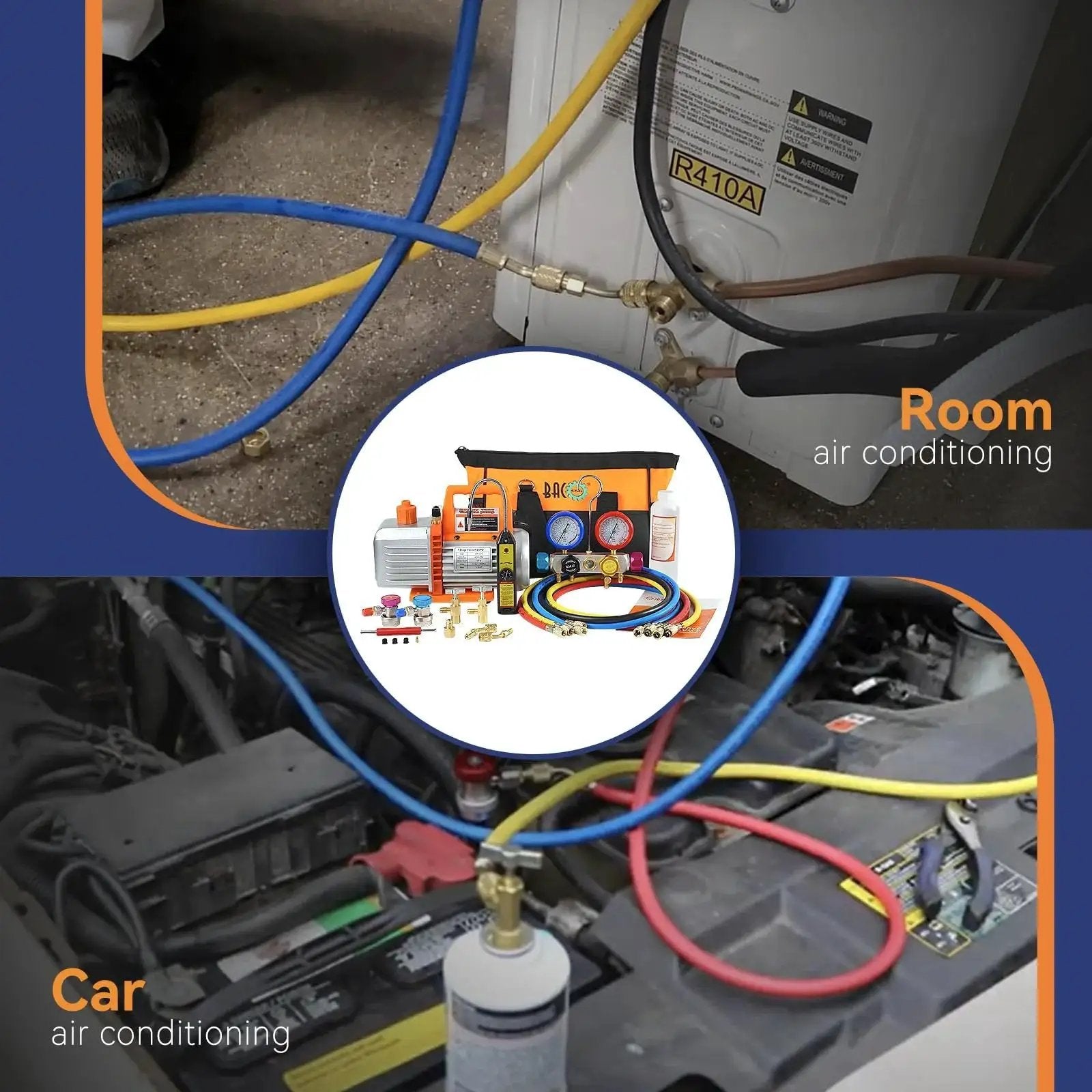 Efficient 4.5 CFM HVAC vacuum pump kit with a 4-way gauge and leak detector in use on R410a room and automotive AC systems