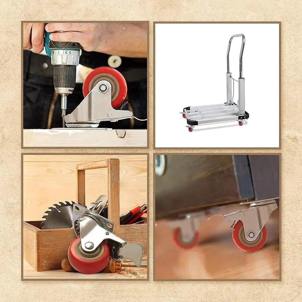 4 Pack 3 Inch PU Caster Wheels with 3 by 8 Bore Heavy Duty Plate Casters for Platform Trucks and Trolleys installed