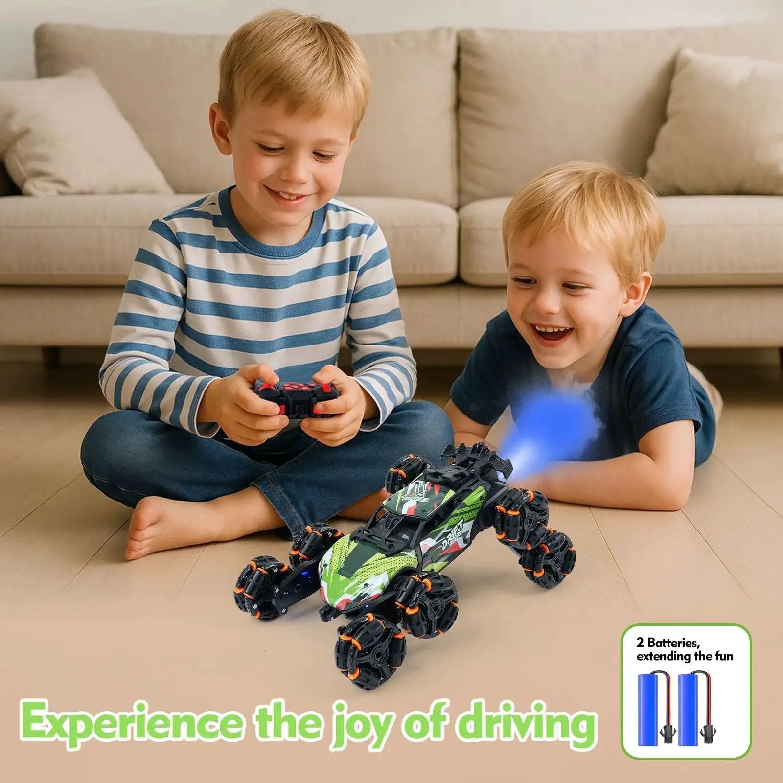 Kids playing with Gesture Sensing 8 Wheel Remote Control Car With Lights And Spray for indoor fun