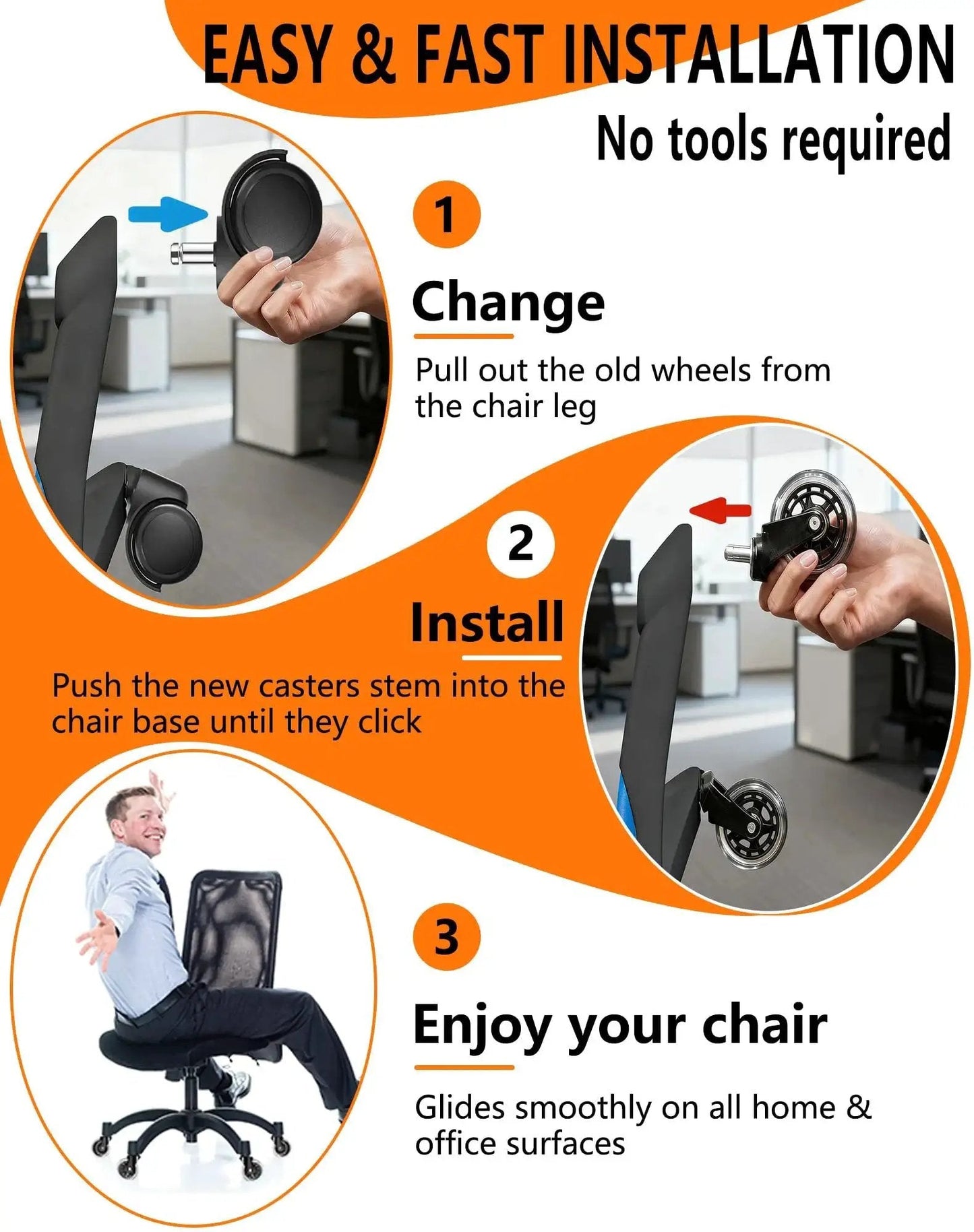 Diagram showing installation of 3 Inch Caster Wheel Set Of 5 For Office Chairs, Replacement Wheels With Aerospace Grade ABEC7 Bearings.