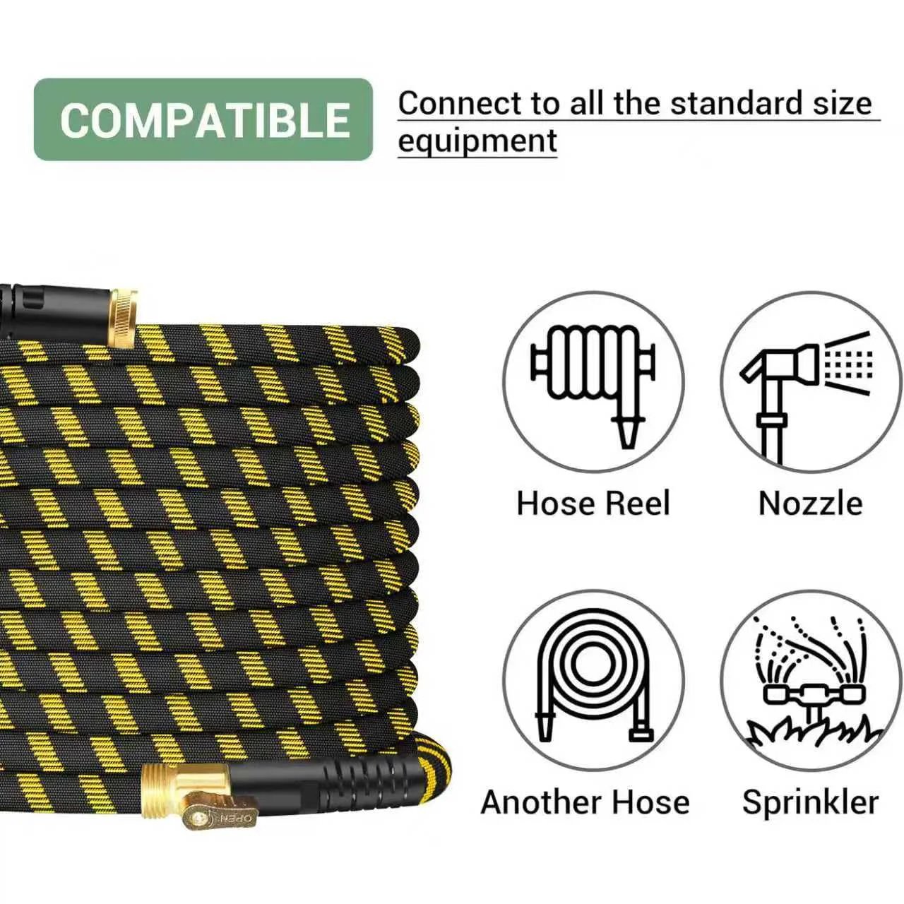 Non Expanding Garden Hose With Jet Nozzle Ultra Lightweight Fabric Hybrid Kink Resistant Durable 100 Ft Yellow Hose With Heavy Duty Brass Connectors For Home Marine And RV Use By HIGH QUA shown with compatibility icons for hose reel, nozzle, another hose, and sprinkler.