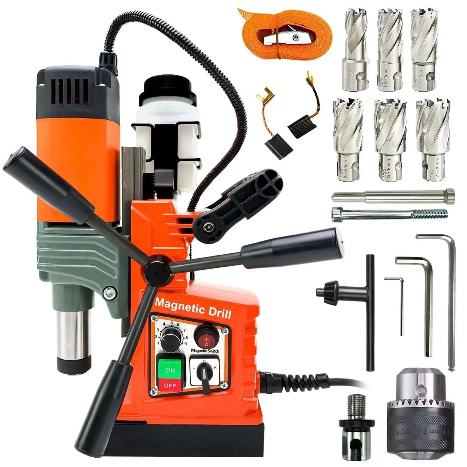 Workhorse 1400W Magnetic Drill Press With 2 Inch Capacity And 810 RPM Stepless Speed Reversible Direction 13000N Magnetic Force with accessories