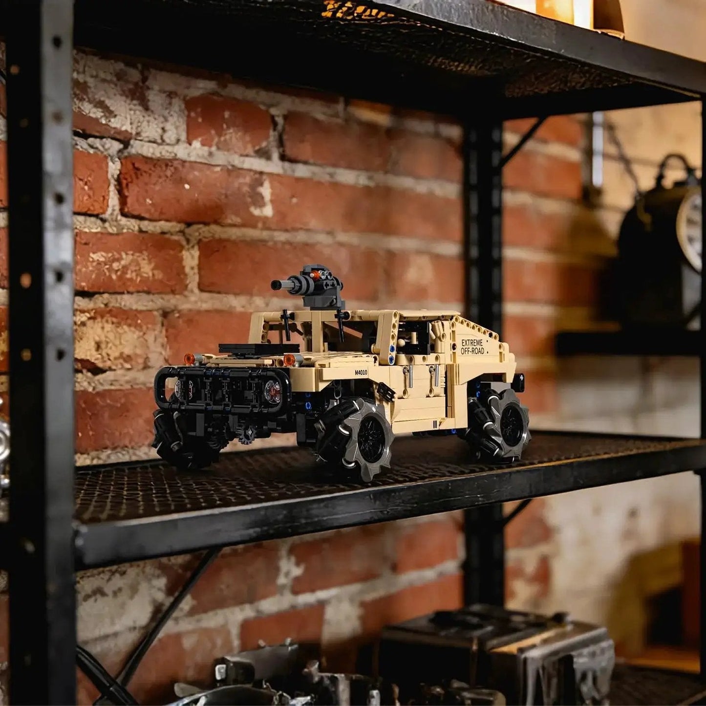 Off Road Hummer Armor RC Car Kit With 804 Pieces For A Technic Style Build on a shelf, military-style 4WD Mecanum wheel vehicle.