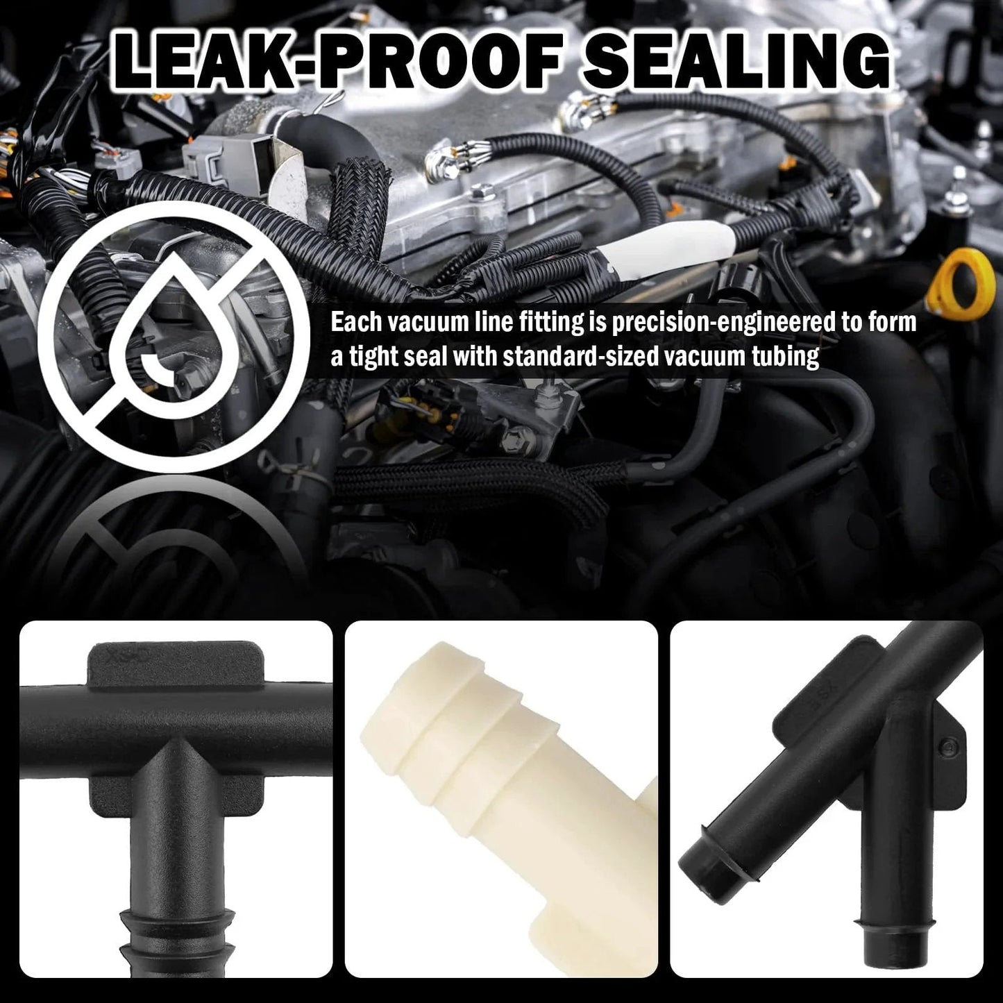 91 Pcs Car Vacuum Line Connectors Kit With 32 Sizes And Heat Resistant Tubing displayed with close-up of connectors.
