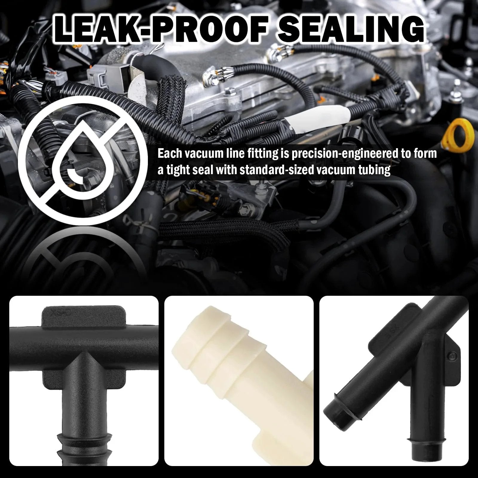 91 Pcs Car Vacuum Line Connectors Kit With 32 Sizes And Heat Resistant Tubing displayed with close-up of connectors.