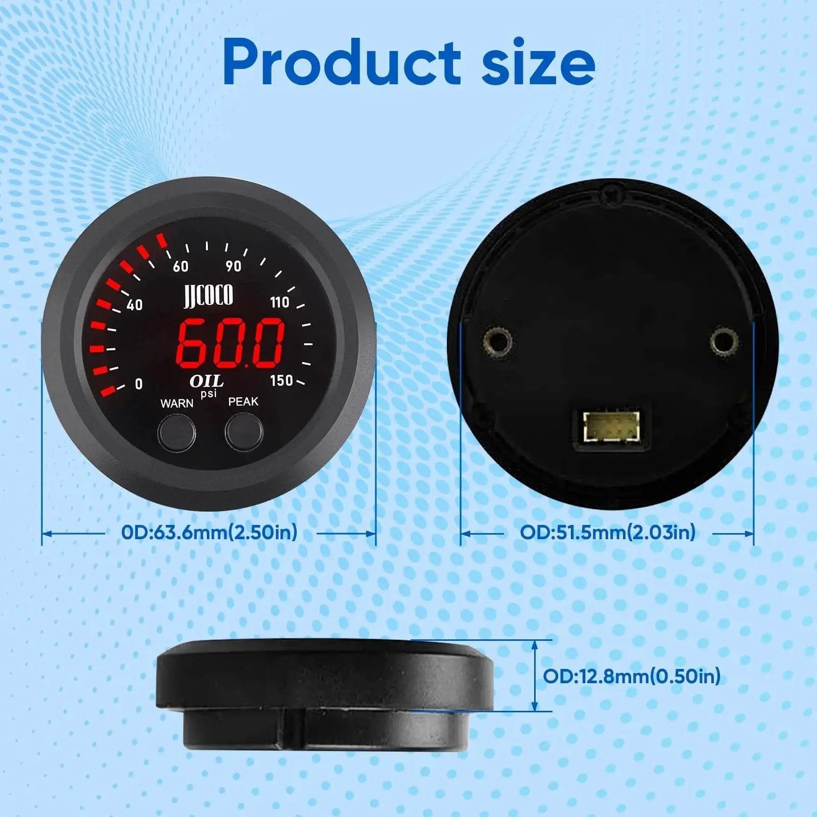 Dimensions of Universal Oil Pressure Gauge Kit 52mm Digital Red Display 0-150 PSI With 1/8 NPT Sensor for 12V/24V systems