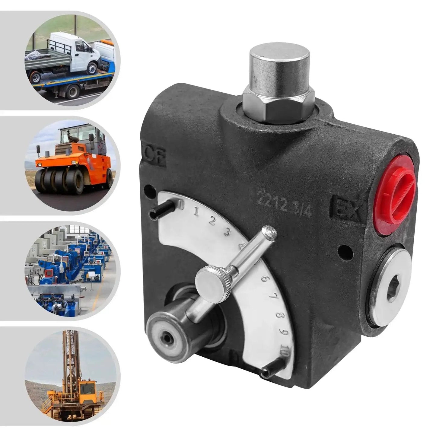 Hydraulic Adjustable Variable Flow Control Valve for log splitters, 3/4 NPT fittings, 0-30 GPM, 500-3000 PSI, vermicular graphite cast iron.