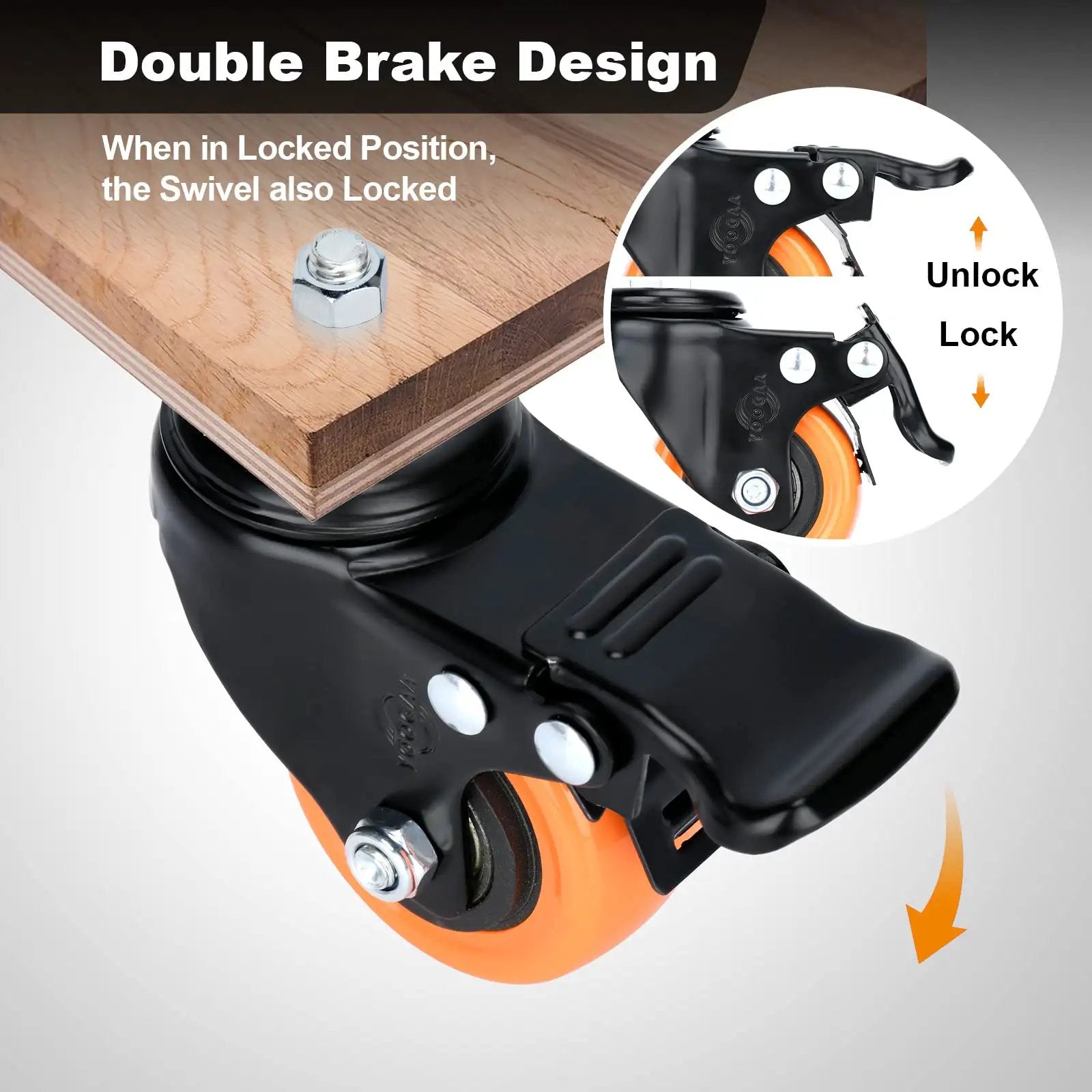 Caster Wheels 2 Inch Swivel Set Of Four Heavy Duty 600 Lbs Per Caster Half Inch 13 Threaded By One Inch Shafts Dual Locking Industrial Castors Smooth Quiet With Brakes For Cart And Equipment showing brake mechanism close-up