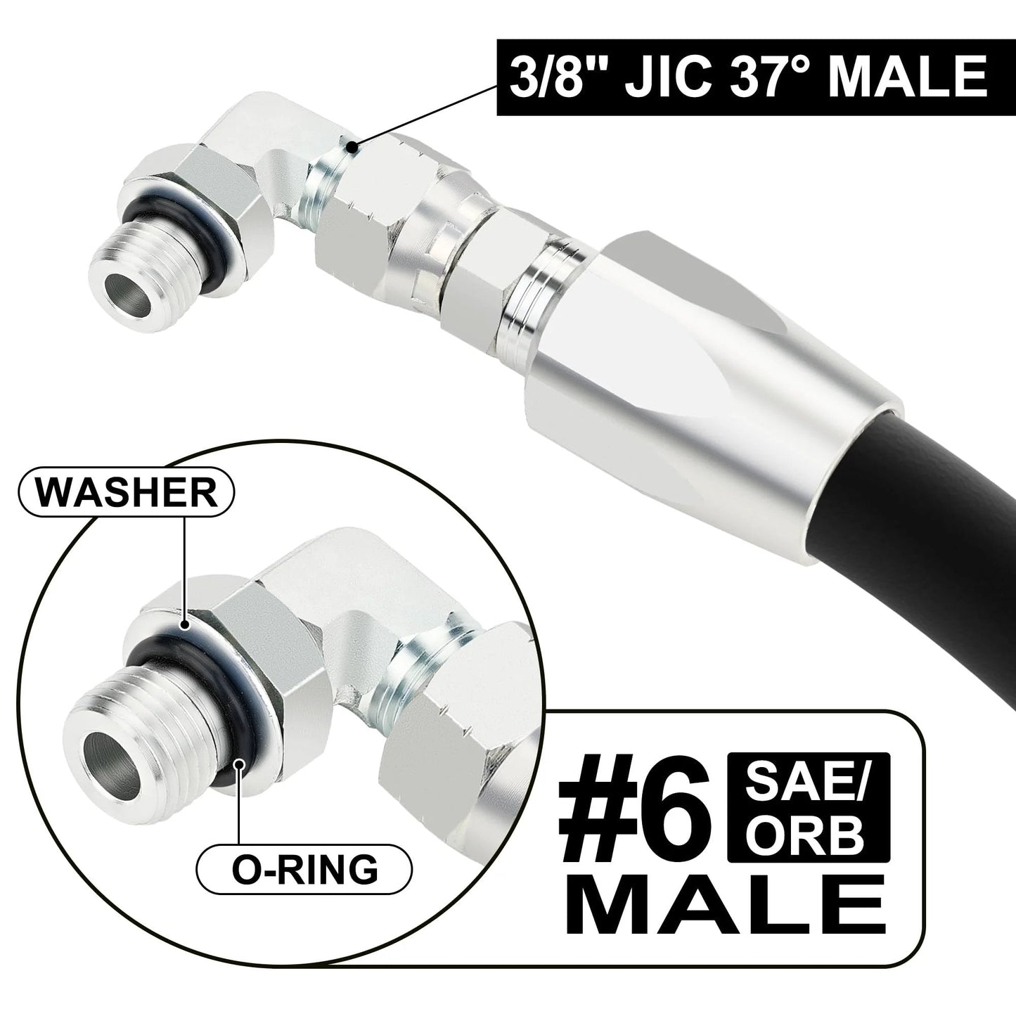 Close-up of Five Pack 3/8 Inch Hydraulic Hose Fittings 90 Degree Elbow JIC to SAE ORB Male with O-ring and washer.