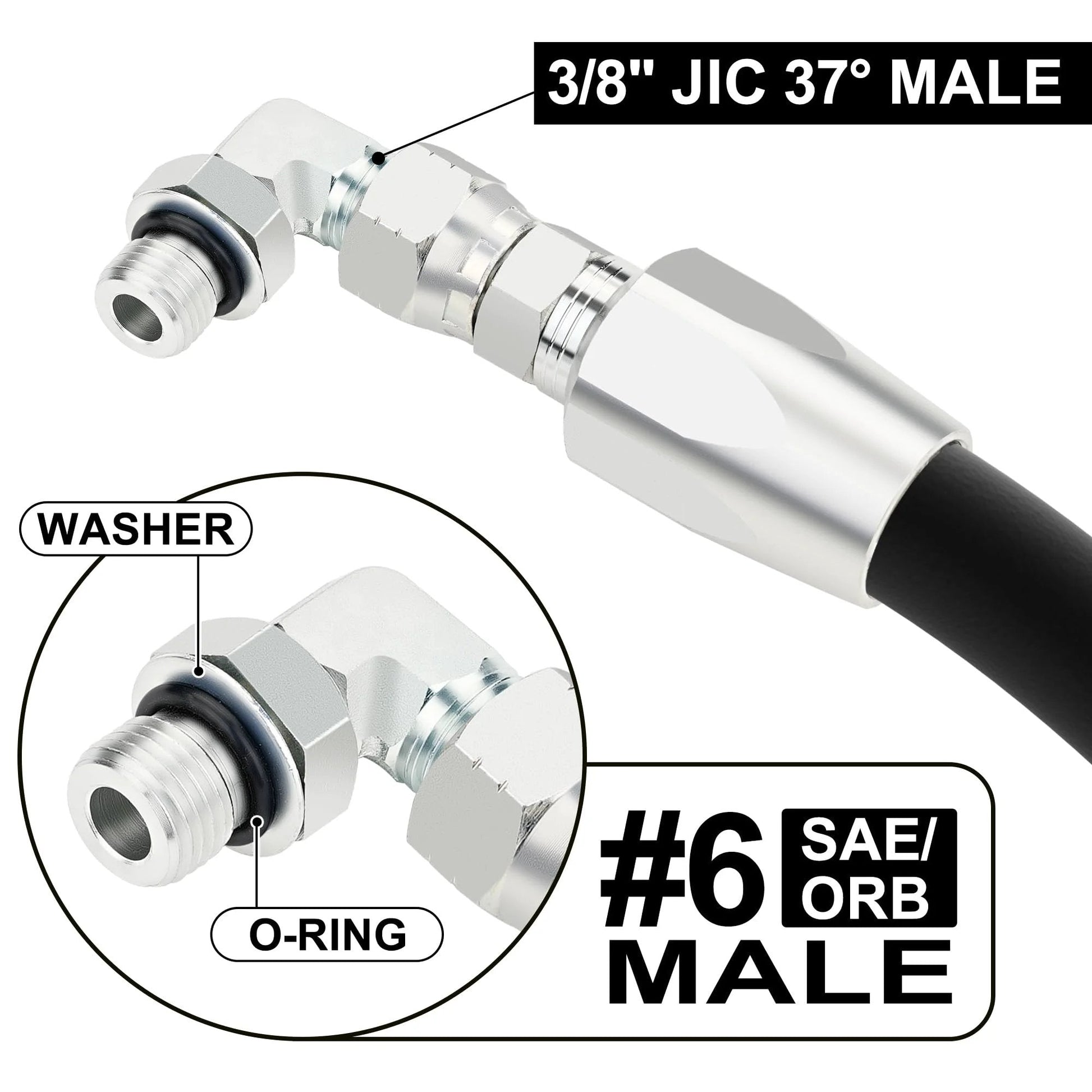 Close-up of Five Pack 3/8 Inch Hydraulic Hose Fittings 90 Degree Elbow JIC to SAE ORB Male with O-ring and washer.