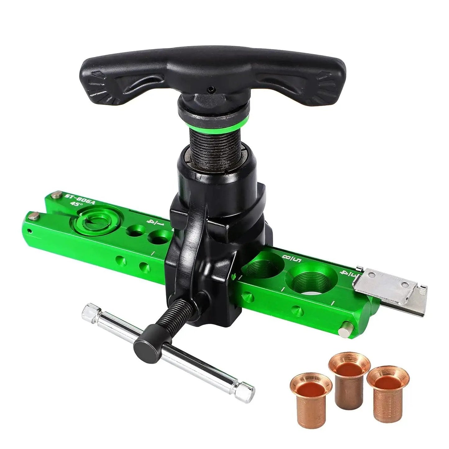 HVAC Single Flare Tool 1/4 To 3/4 In With 45 Degree Eccentric Cone Clutch, includes ultralight aluminum frame, black handle, copper fittings