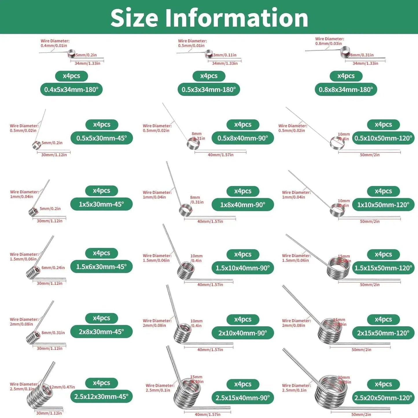 Image showing size information for the 72 Piece Stainless Steel Torsion Spring Set in a Sturdy Case, 18 Sizes Covering 45 90 120 and 180 Degree 6 Laps