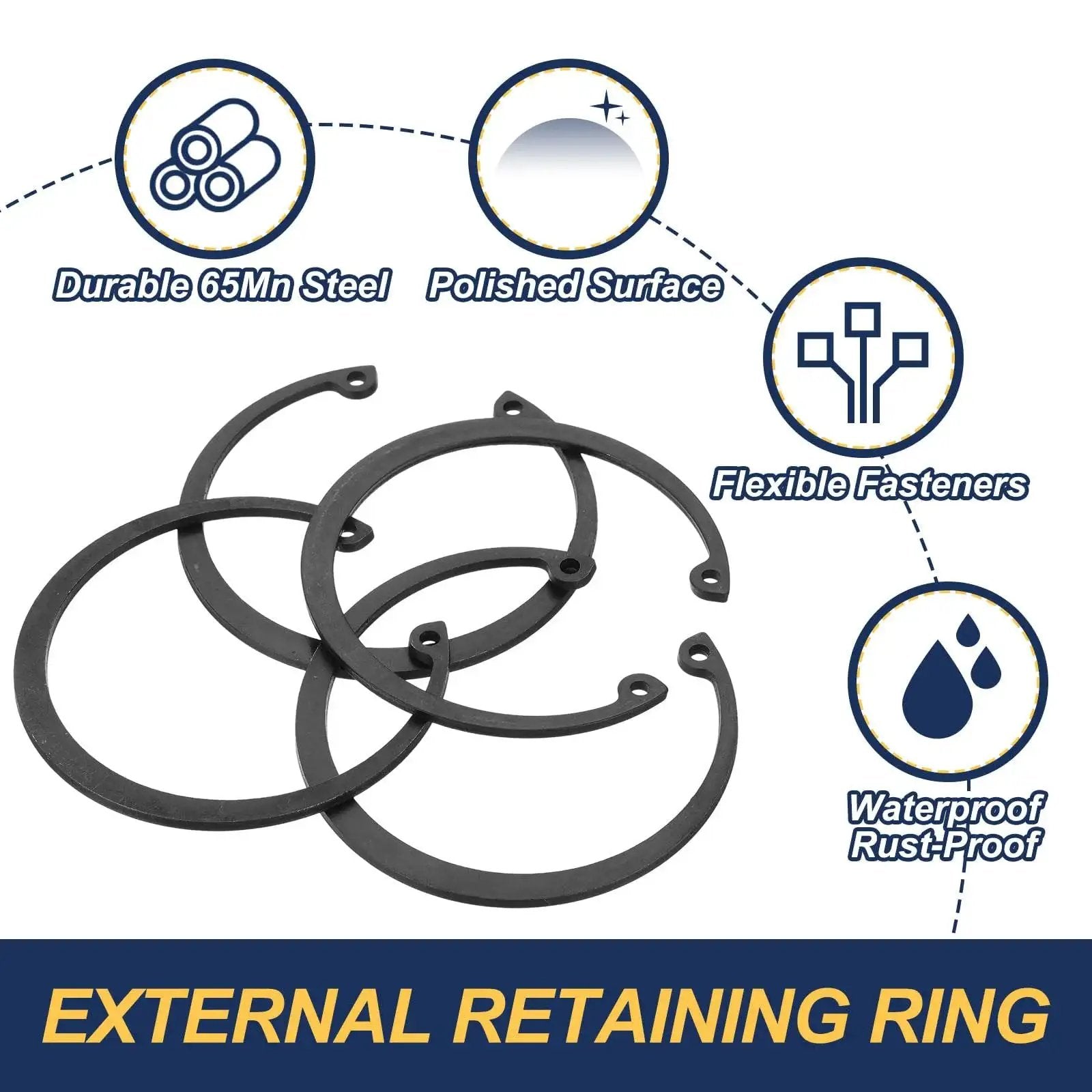 72 Mm Internal Retaining Ring Set With Four C Clip Circlips in 65Mn Steel, shown with waterproof and rust-proof features