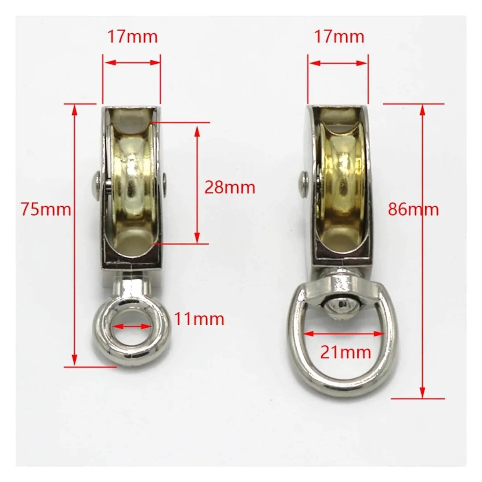 Two zinc alloy pulleys with size labels, left pulley: 75mm for 75mm DIY Mini Metal Sheave Zinc Alloy Fixed Pulley Crown Block and Tackle Lifting Wheel.