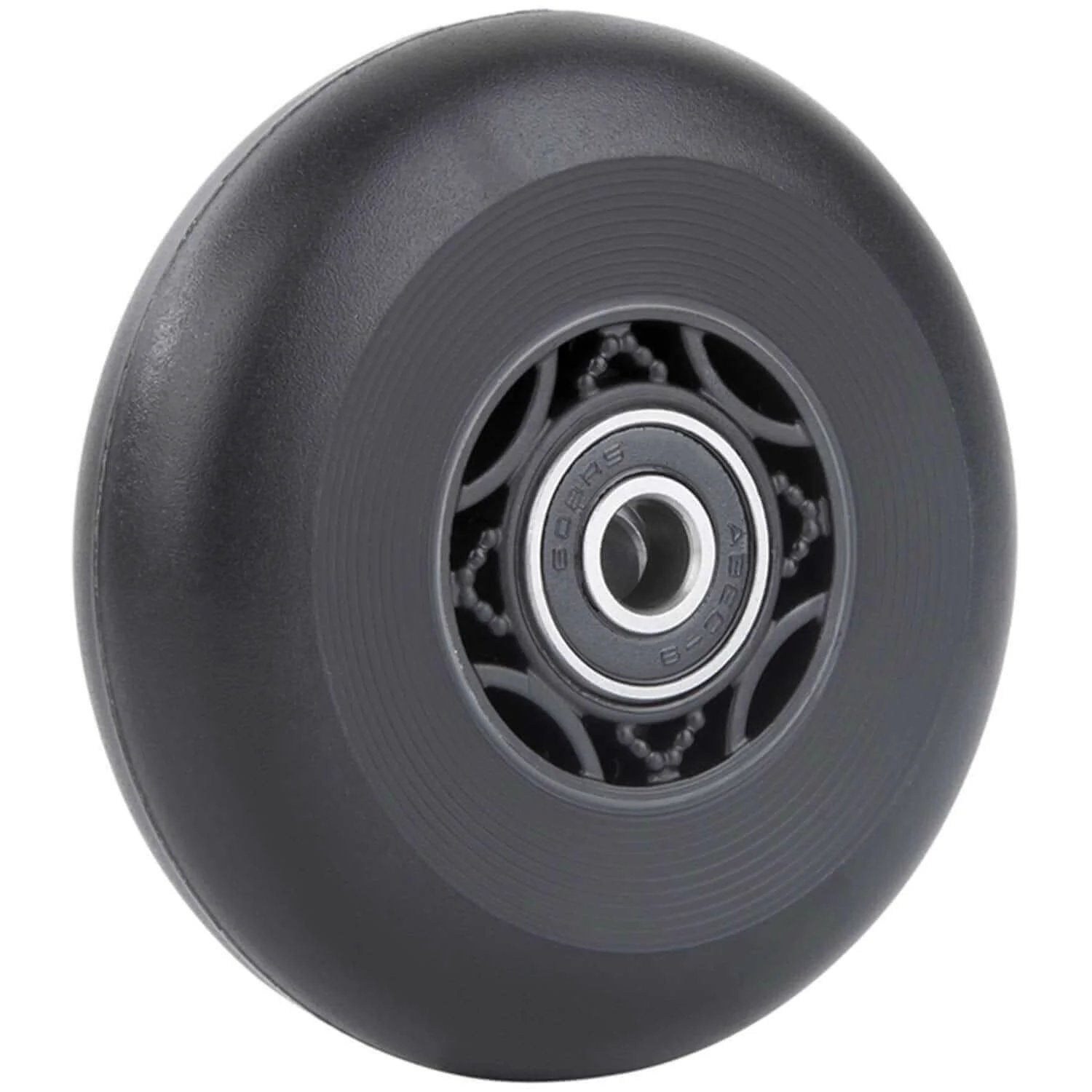 Close-up of black 76mm 90a Ripsurf Wheel with ABEC-9 bearing for DLX Caster Board, Deluxe Junior Skateboard, 2 Wheel Pivoting Skateboard.