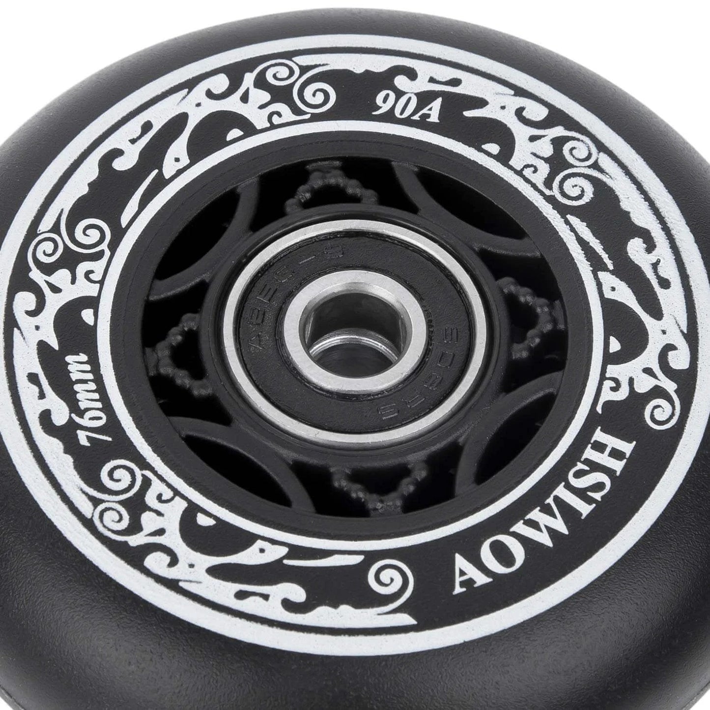 76mm 90a Ripsurf Wheels w/Bearings ABEC-9 for DLX Caster Board, Deluxe Junior Skateboard, close-up showing black wheel design