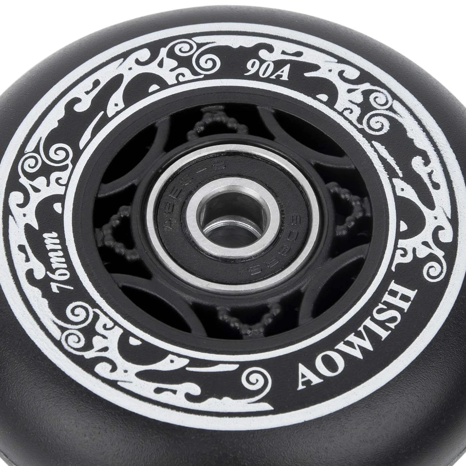 76mm 90a Ripsurf Wheels w/Bearings ABEC-9 for DLX Caster Board, Deluxe Junior Skateboard, close-up showing black wheel design