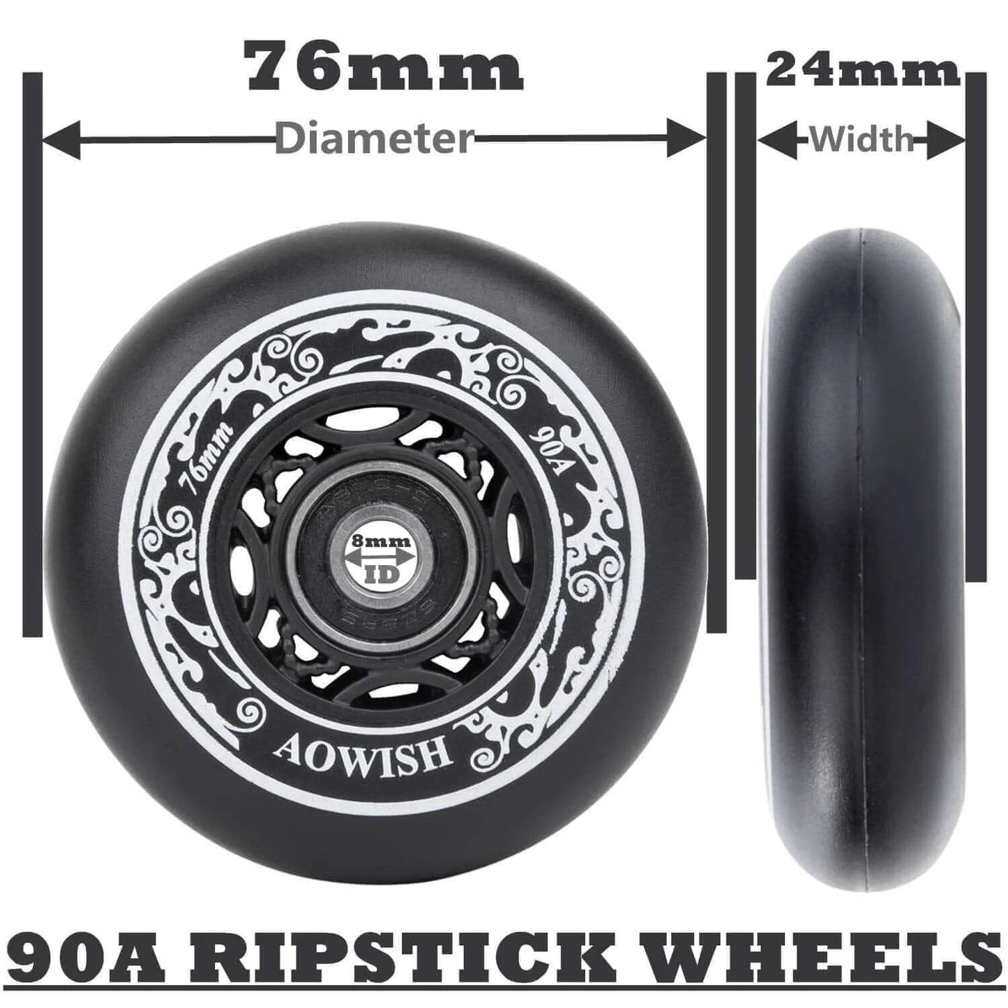 76mm 90a Ripsurf Wheels w/Bearings ABEC-9 for DLX Caster Board, Deluxe Junior Skateboard, side and front view