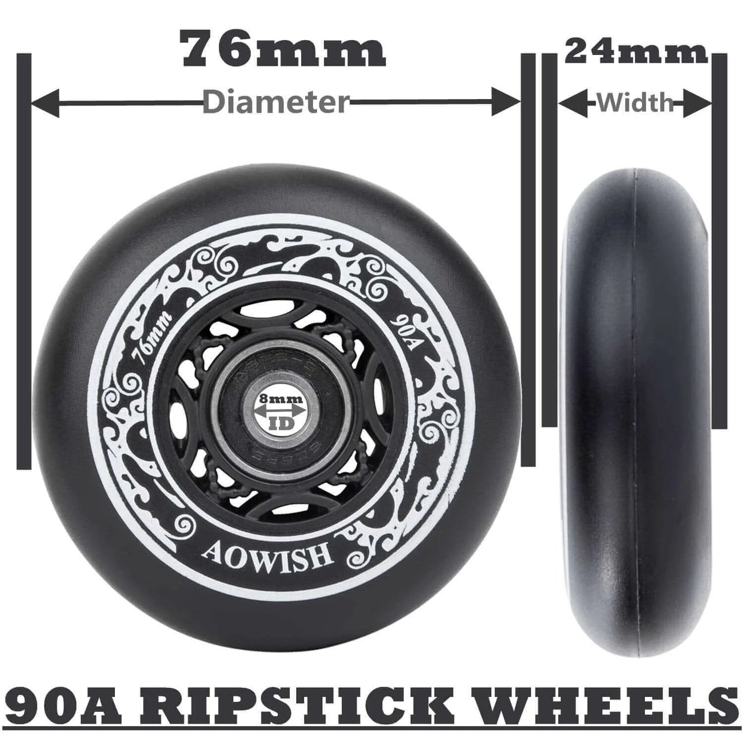 76mm 90a Ripsurf Wheels w/Bearings ABEC-9 for DLX Caster Board, Deluxe Junior Skateboard, side and front view