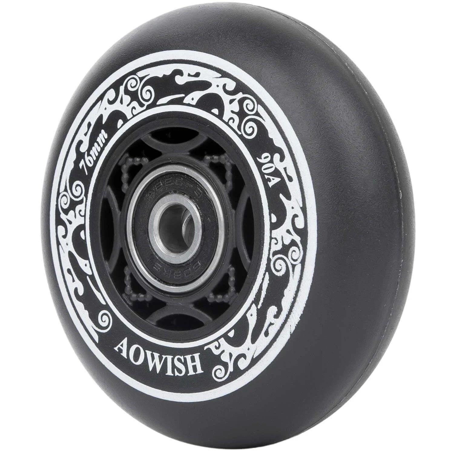 76mm 90a Ripsurf Wheels w/Bearings ABEC-9 for DLX Caster Board, Deluxe Junior Skateboard, black wheel close-up.