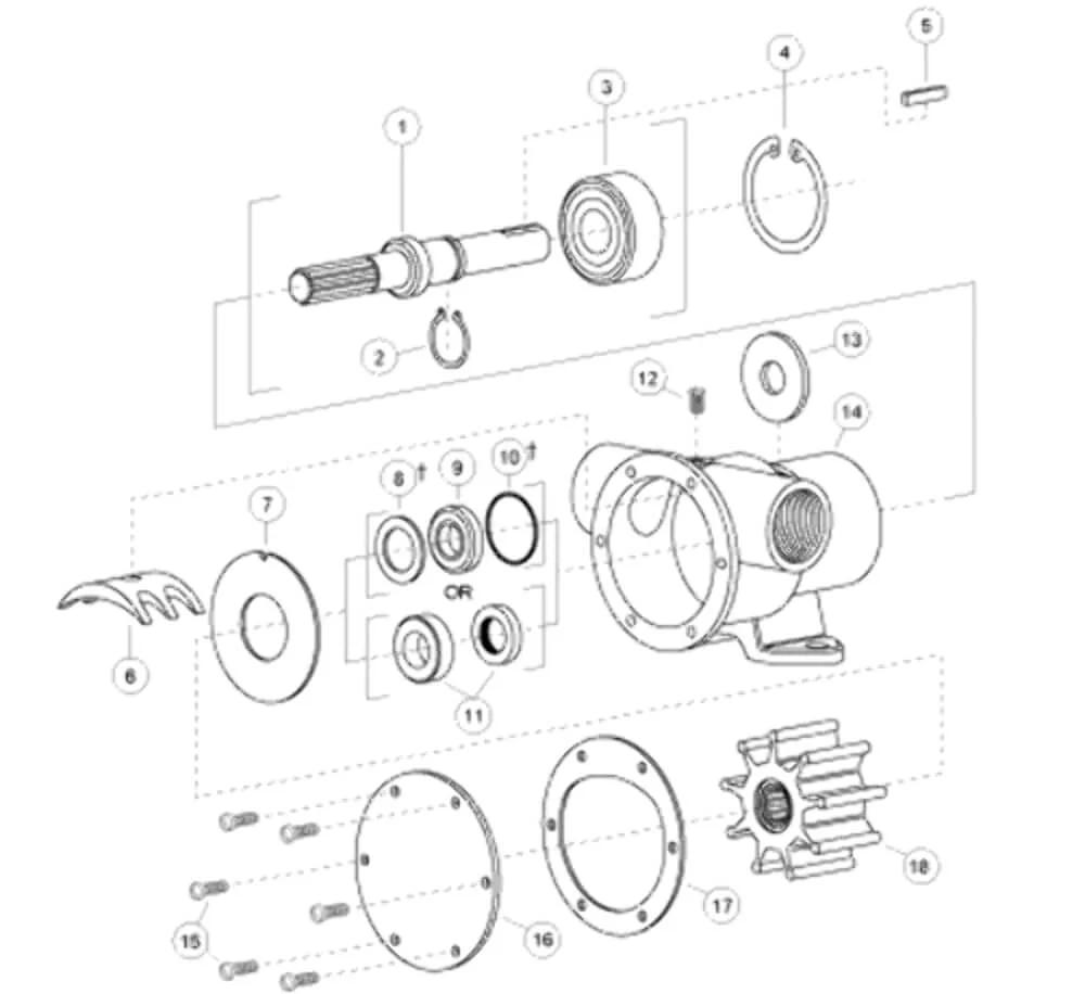 Exploded diagram of 777-9001 Marine Pulley Driven Flexible Impeller Pedestal Mount Pump, showing components like shaft and seal, bronze body
