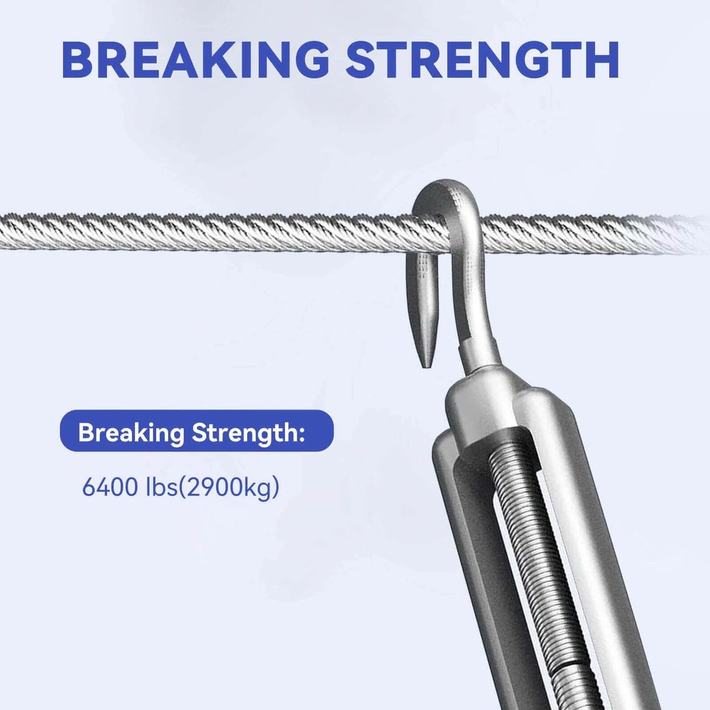 1/4" Stainless Steel Cable,7x19 Strand Aircraft Wire Rope,Cable for Heavy Duty Applications,Outdoor Pulley Cables,Deck Railing with Gloves,Breaking Strength 6400 Ibs,150FT with hook attachment showing breaking strength label