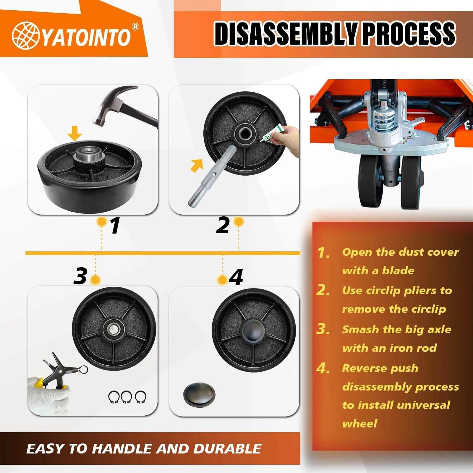 Disassembly process of 2 pcs pallet jack steer wheel set 7 x 2 inch with axle, tools visible for replacing wheels on pallet trucks