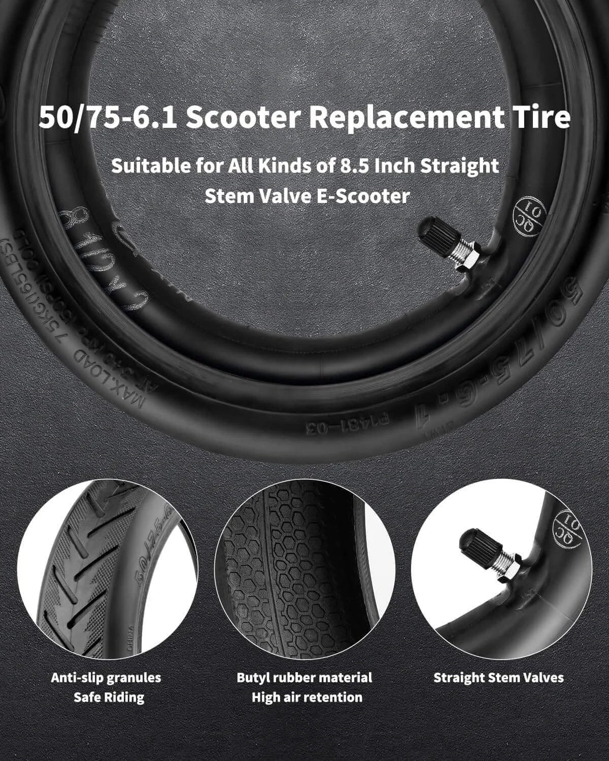 8.5 Tire Tube 50/75-6.1 Scooter Tire Replacement for Gorax Electric Scooter with anti-slip granules and butyl rubber