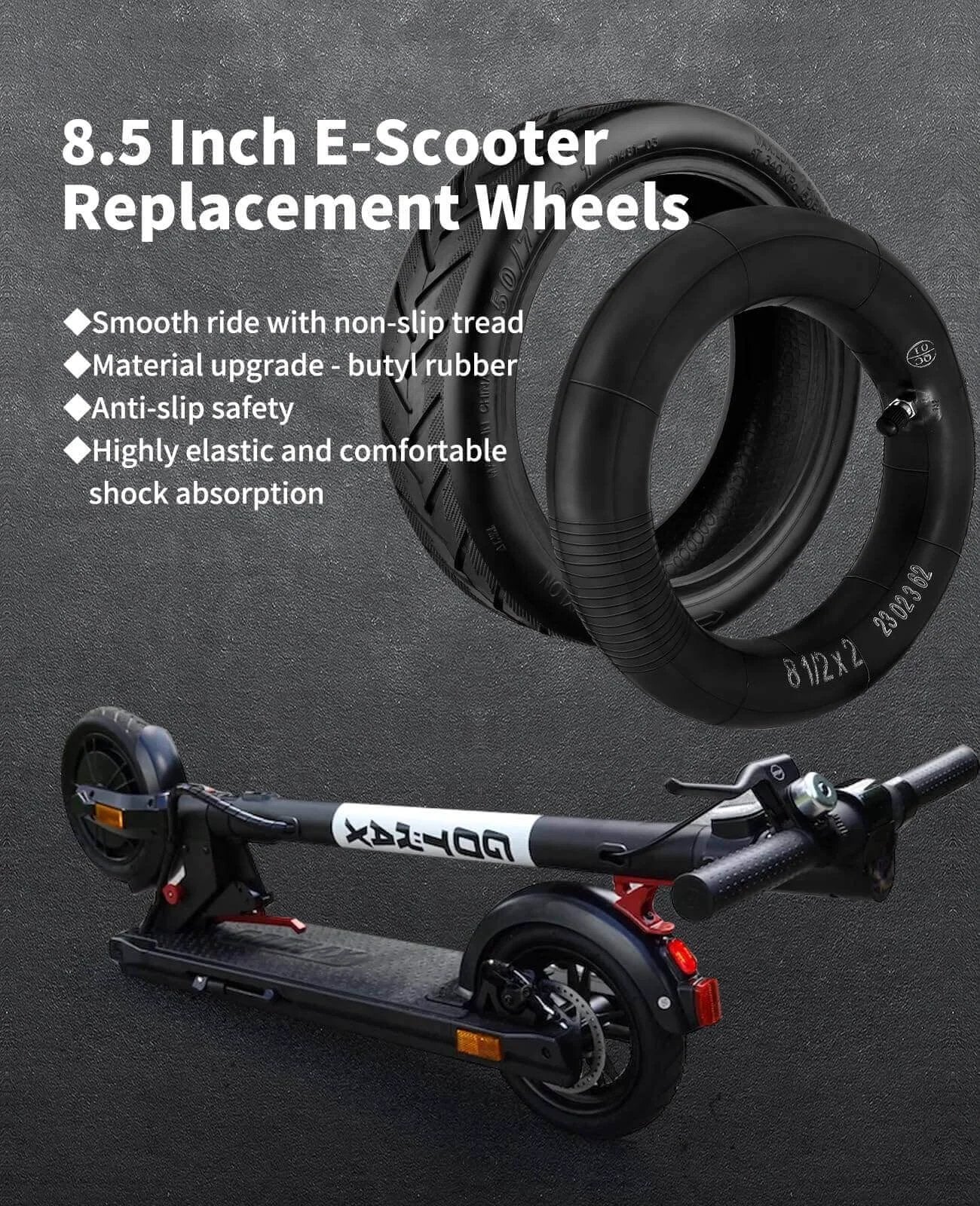8.5 Tire Tube 50/75-6.1 Scooter Tire Replacement for Gorax with black inner tube and electric scooter in background