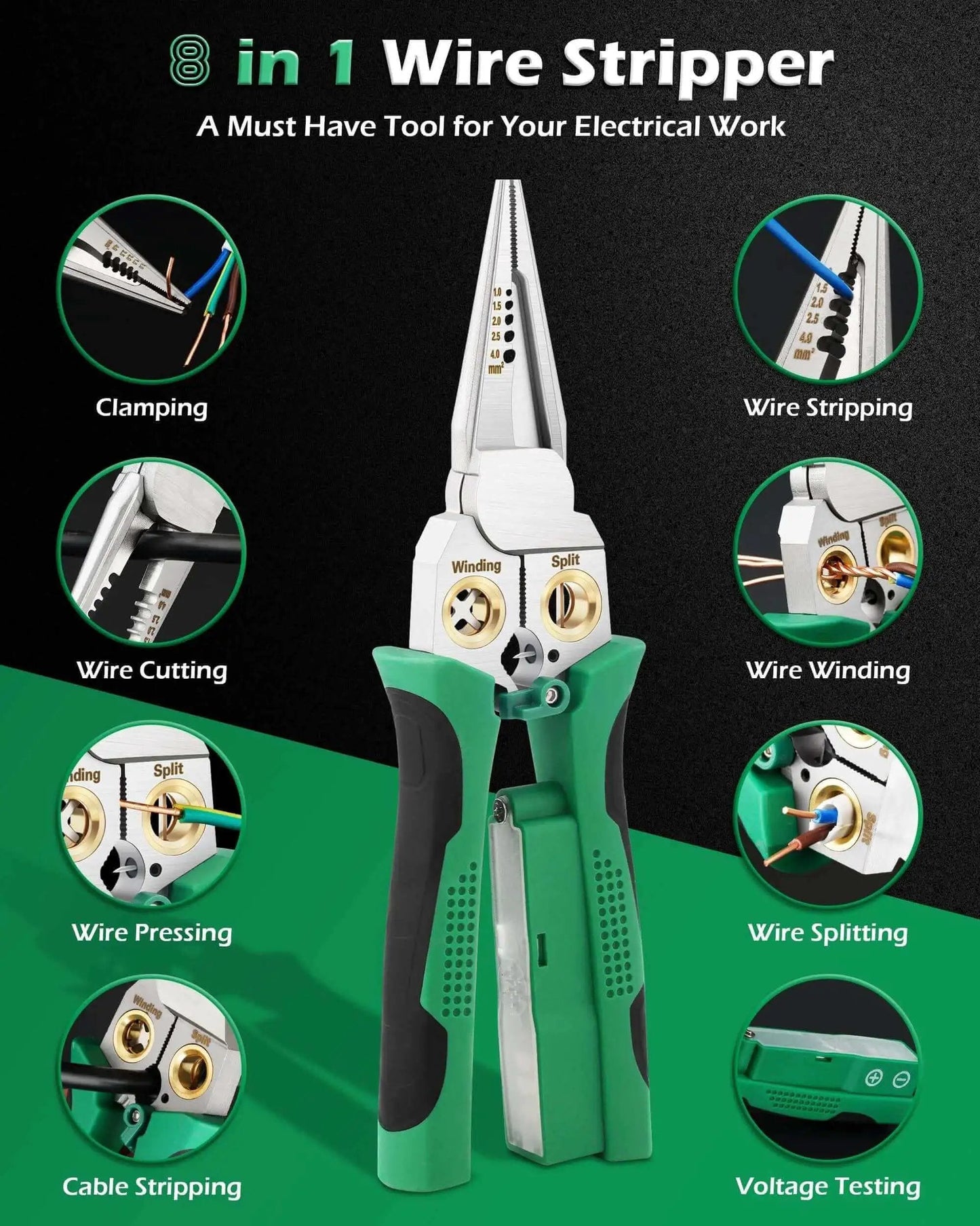 8 In 1 Wire Stripper With Voltage Tester For 10-18 AWG Wires, Pliers, Crimper, Cutters And Wire Splitting Tool, detailed features