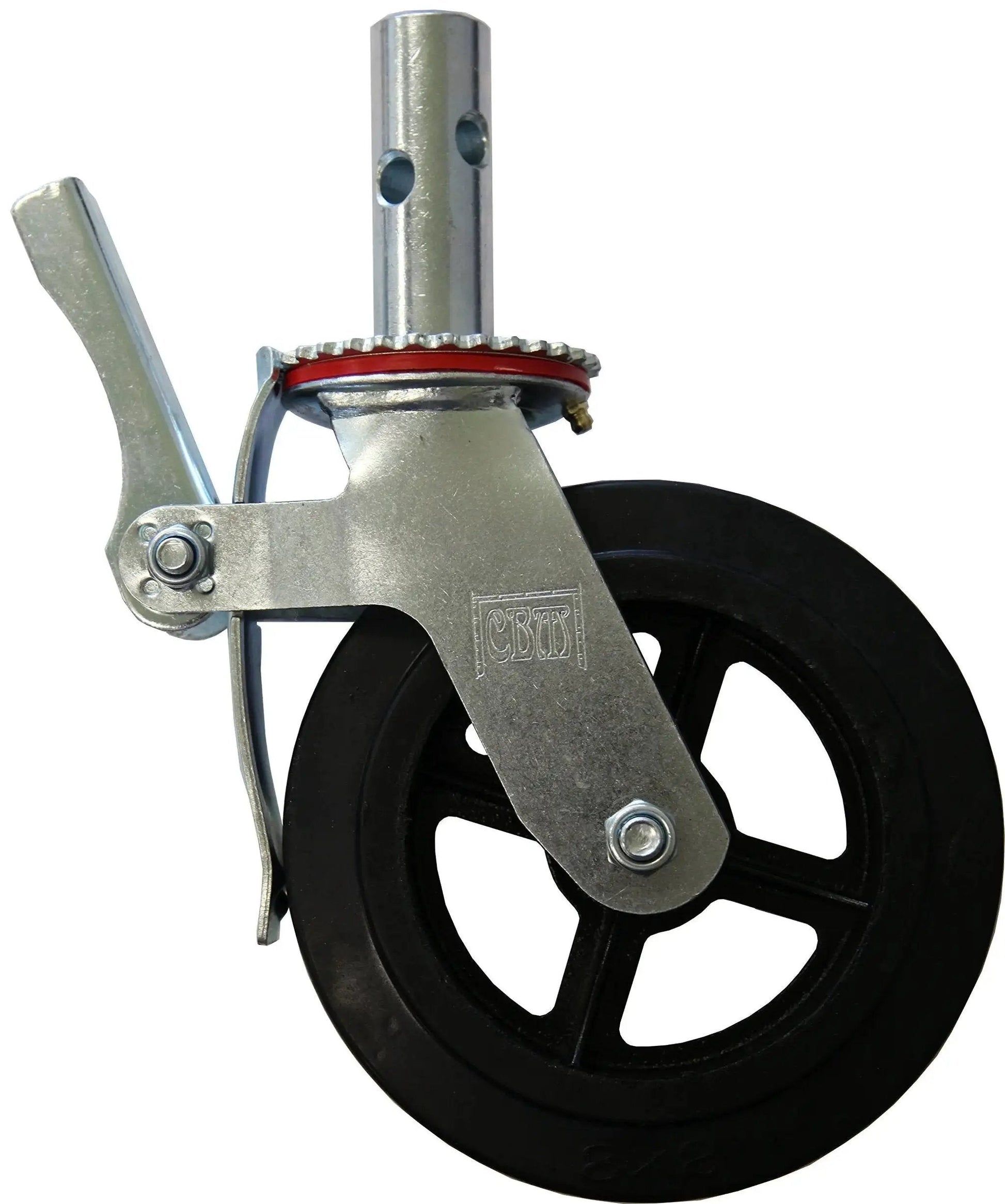 Side view of heavy-duty caster wheel, part of Set Of Four Eight Inch Caster Wheels With Cast Iron Hubs And Locking Brakes CBM1290.