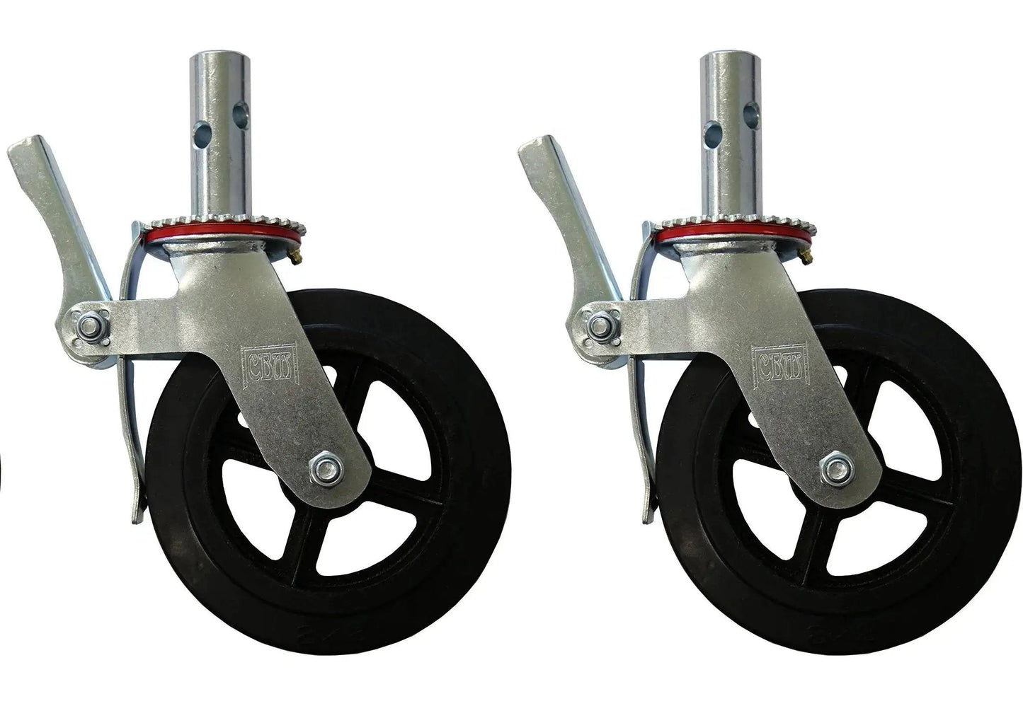 Side view of Set Of Four Eight Inch Caster Wheels With Cast Iron Hubs And Locking Brakes CBM1290 Heavy Duty 1100 Pound Load Capacity One And Three Eighths Inch Stem Fits Two Hole Mounting For Two Inch And Two And A Half Inch Tubes Swivel 360 Degree
