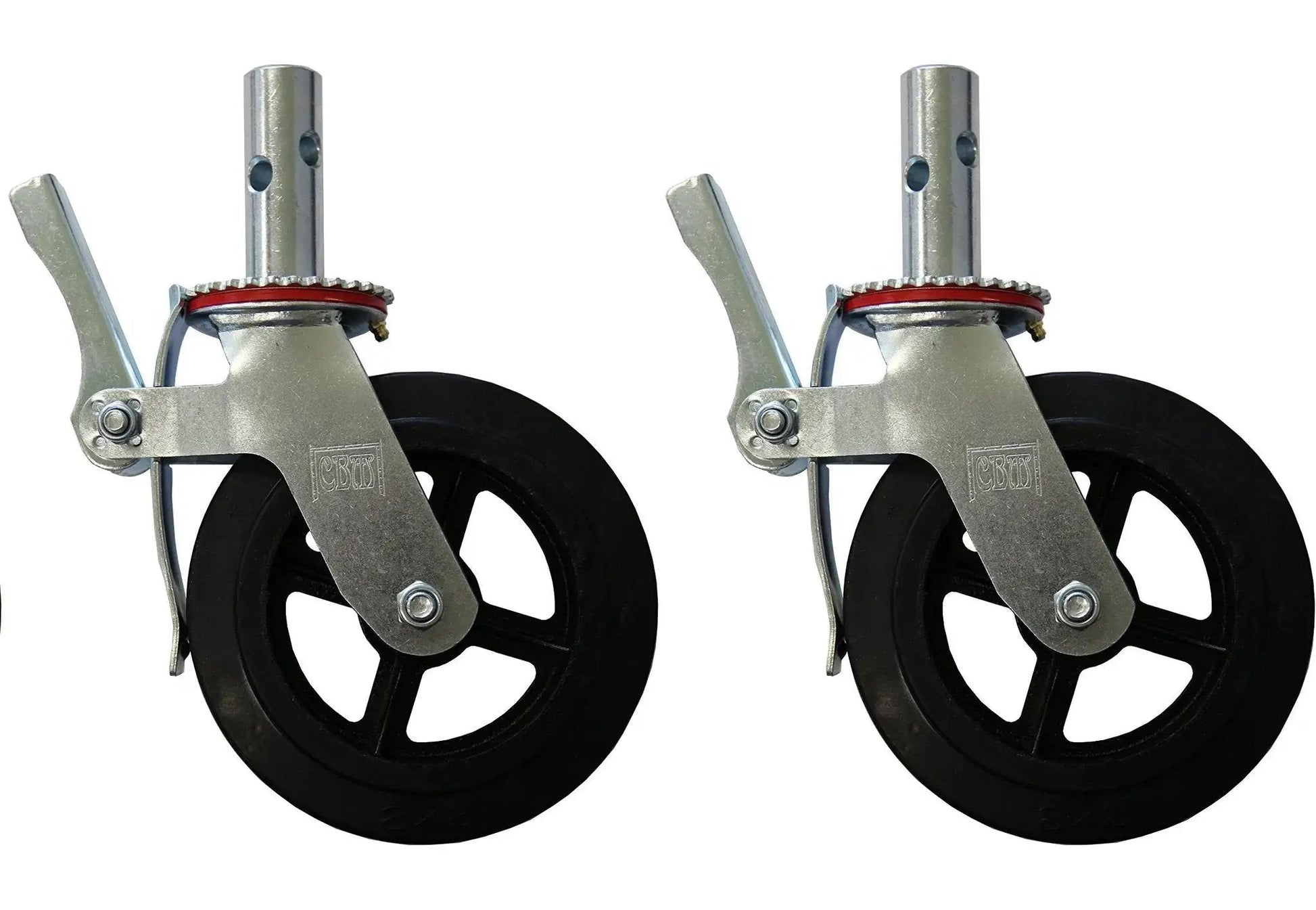 Side view of Set Of Four Eight Inch Caster Wheels With Cast Iron Hubs And Locking Brakes CBM1290 Heavy Duty 1100 Pound Load Capacity One And Three Eighths Inch Stem Fits Two Hole Mounting For Two Inch And Two And A Half Inch Tubes Swivel 360 Degree