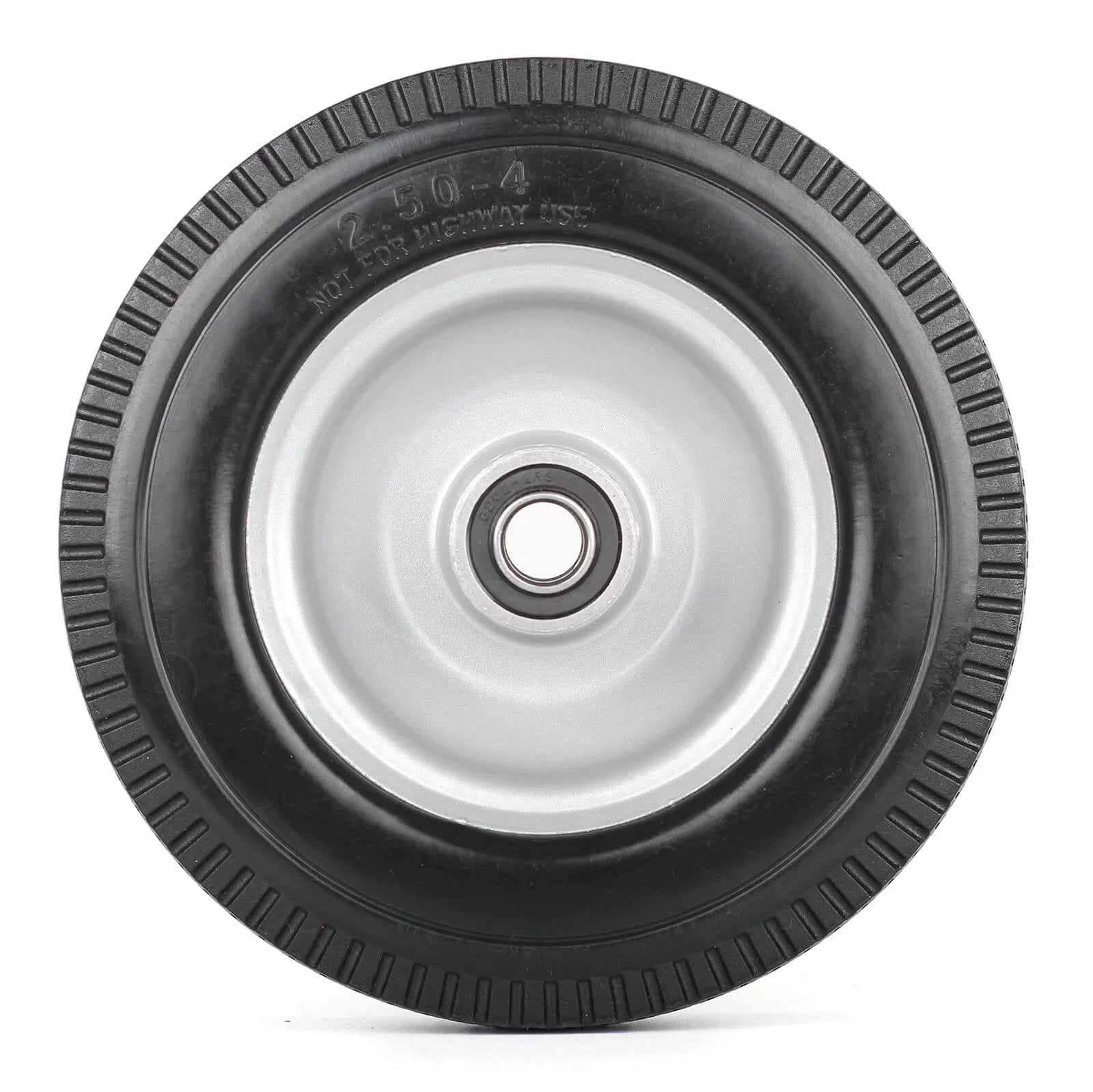 8-inch flat-free tire, 2.50-4 solid tire and wheel, 5/8" bearings, 2.2" offset hub for hand truck garden wagon trolley, front view