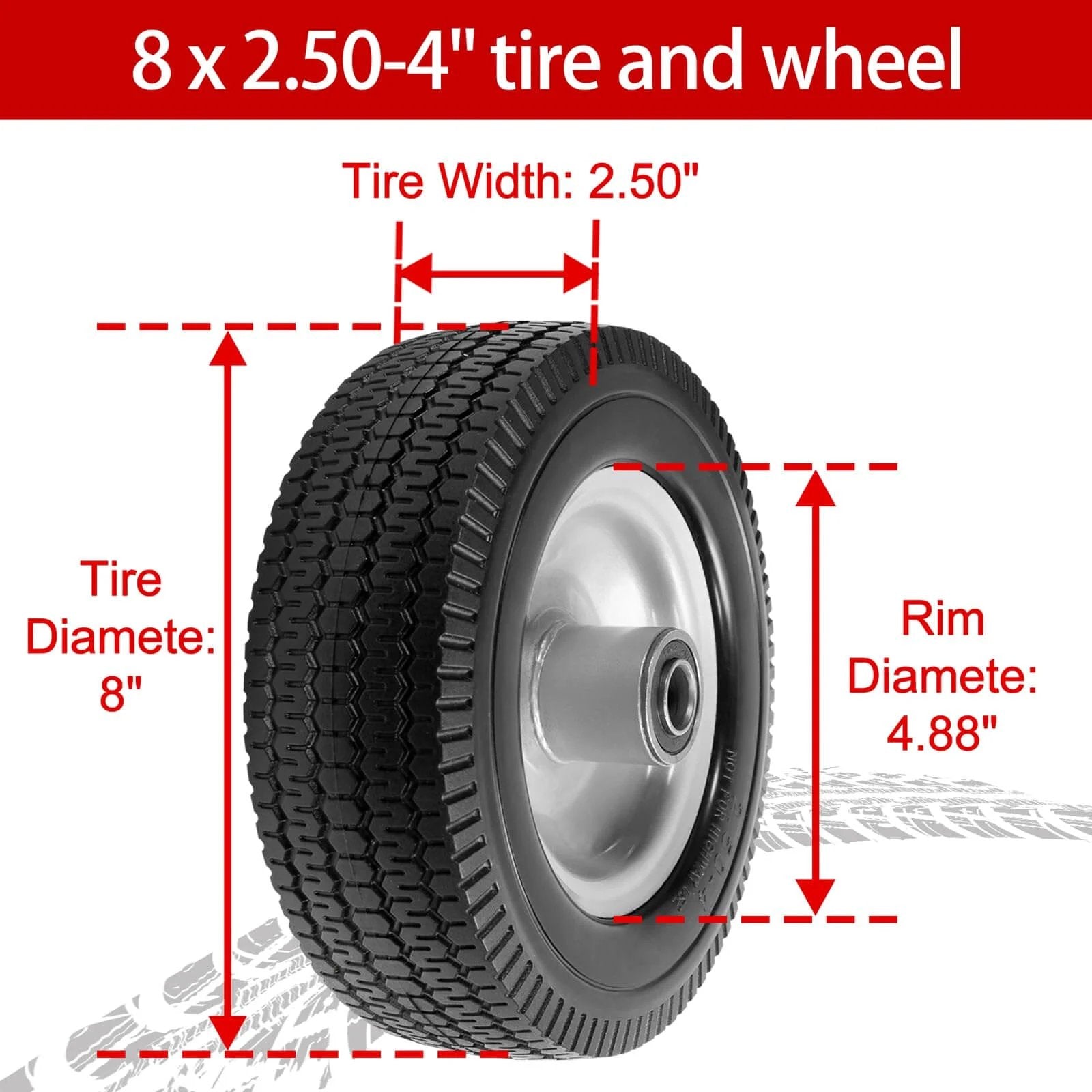 8-inch solid tire replacement - 2.50-4 flat free tire and wheel heavy-duty for gorilla carts, yard tractors with dimensions labeled