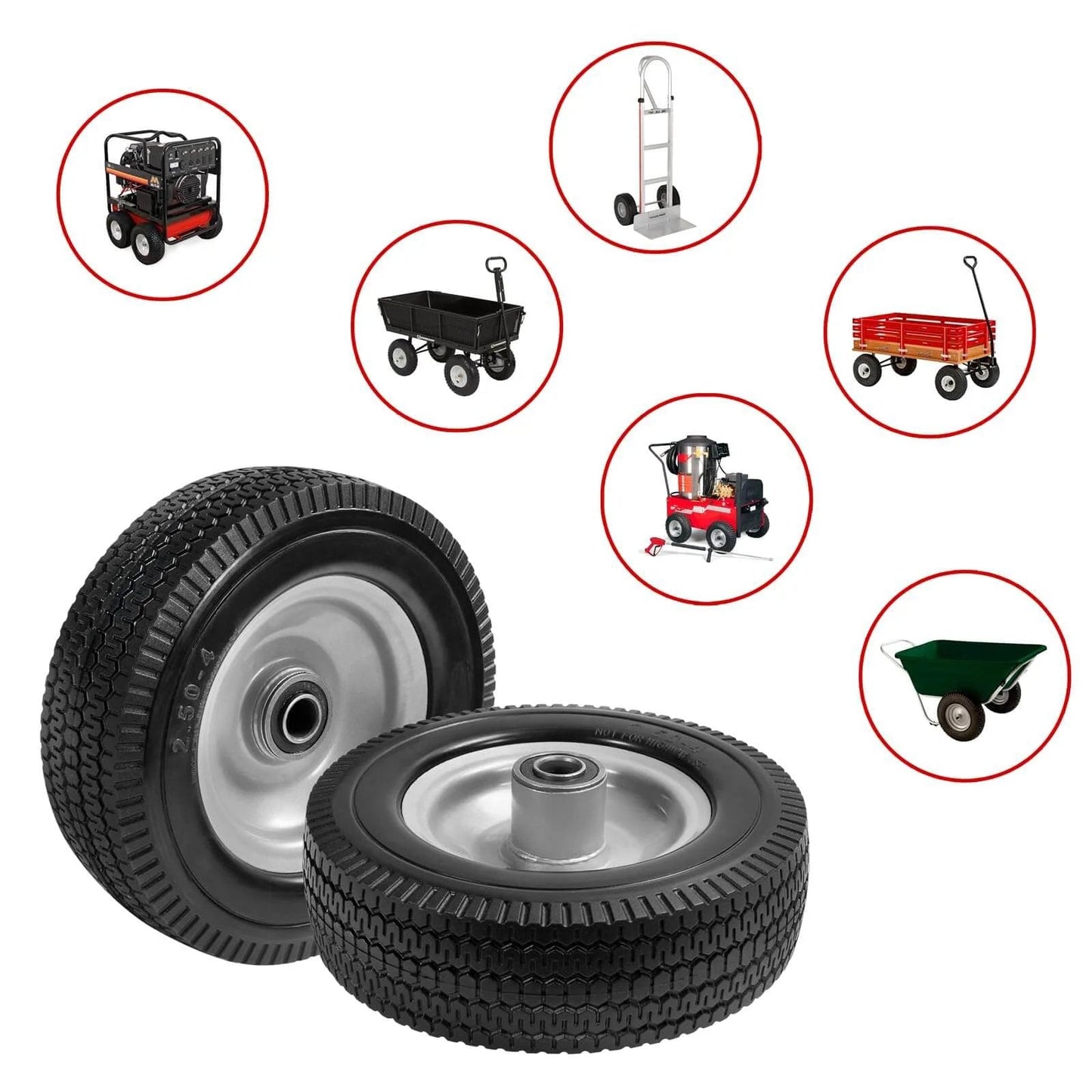 8-inch solid tire replacement - 2.50-4" flat free tire for carts, tractors, and wagons, featuring 5/8" bearings, 2.25" hub offset, 2 pack